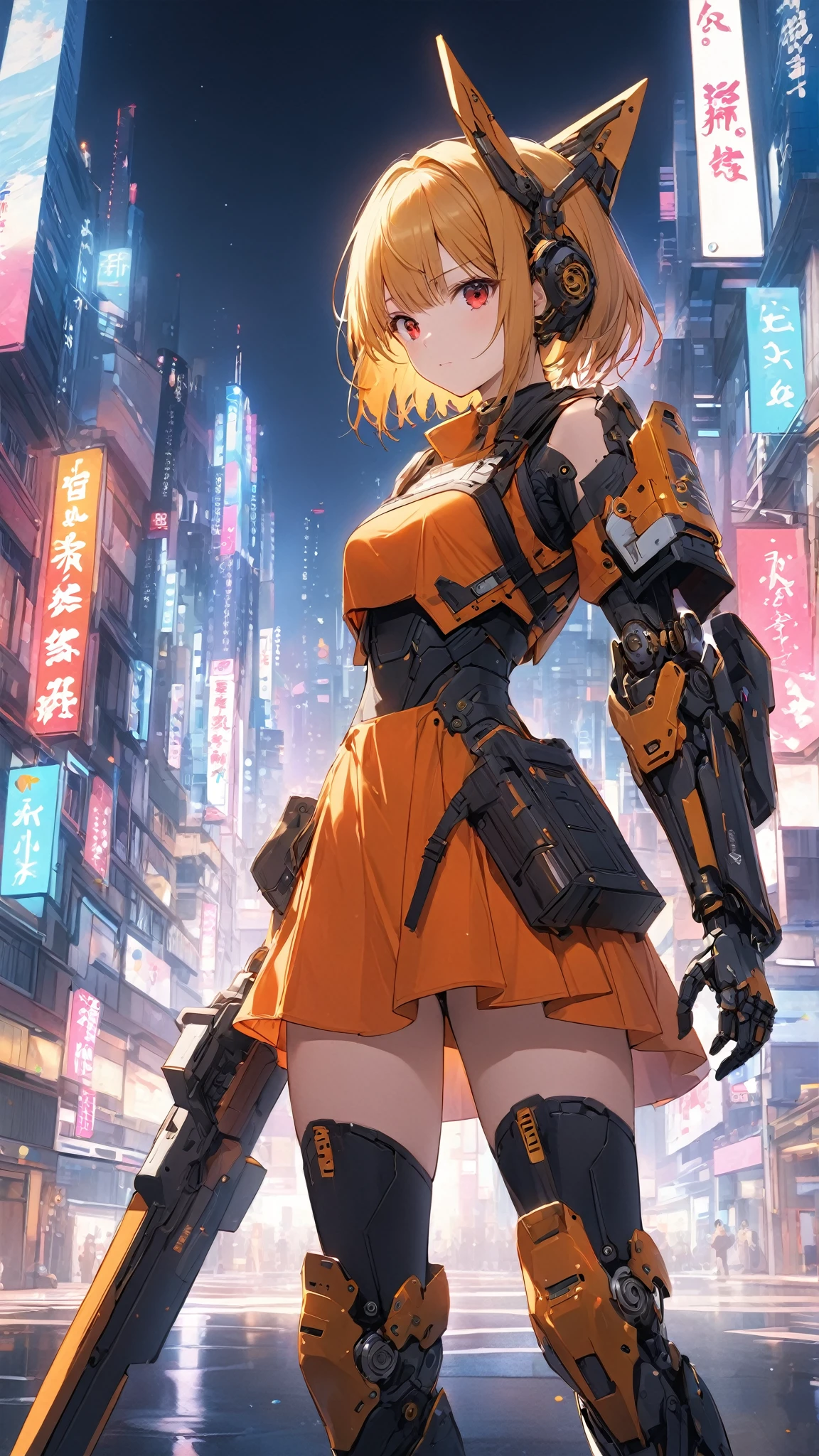 (Best Picture Quality, 4K, High Quality, Masterpiece:1.2), ((Masterpiece)), High Detail, High Quality, (HDR,16k, RAW Beautiful Girl Portrait, Best Picture Quality, Masterpiece:1.2), (Ultra-Definition Illustration), (cyberpunk:1.7), city, extremely cute girl, blond short hair, pig tail hair, innocent look, slender body, small breast, (detailed white & blue cyber gear), (mechanical wear), tight short skirt, wearing cyber goggles, armed, sleeveless, detaced sleeve, pantyhose, armpits,