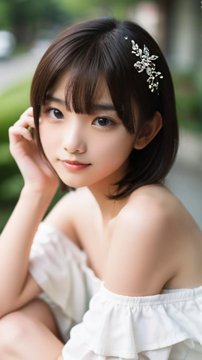 masutepiece, Best Quality, 8K, 8years old, Teen, Raw photo, absurderes, award winning portrait, Smile, Solo, (Night:1.8), Idol face, Delicate girl, Upper body, Digital SLR, Looking at Viewer, Candid, Sophisticated,Thin arms, Professional Lighting, Film grain, chromatic abberation, (Eyes and faces with detailed:1.0), (Bokeh:1.1) , (Western Princess Costume:1.2) , closes mouth , A dark-haired , drooing eyes