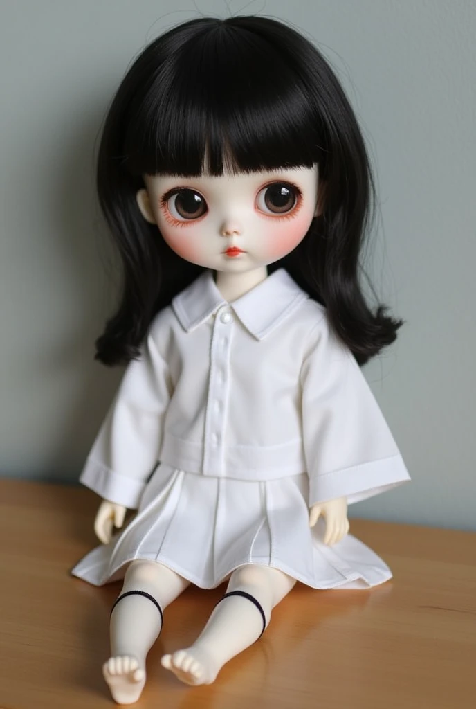 blythe doll that has black hair and black eyes with a hime cut hairstyle