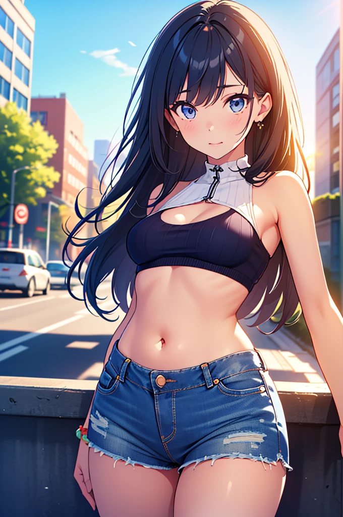 (Official art、Best Quality、Unity 8k Wallpapers、32K、masterpiece、ultra-detailliert、超A high resolution、realisitic、Photorealsitic:1.2)、(Cinematic lighting:1.2)、Fireglow effect、The grainiest shadow of the film、Rim lighting、side lights、sideshot、(ultra-detailliertで複雑な3Dレンダリング)、Detailed beautiful face and eyes、A slender、Medium bust、(Full body:1.2)、 Highly detailed background、beauitful face、blurry backround、16-year-old beautiful girl、(ultra-detailliertなスキン、detailed skin textures:1.3)、A dark-haired、Hip Hop Cable、(thighs thighs thighs thighs:0.8)、Knitted sandals、(((Sea sand beach)))、Smile with open mouth、(Nariko Saten),Blue eyes,((white t-shirt with belly button exposed,Blue shorts))(see -through)crouching down