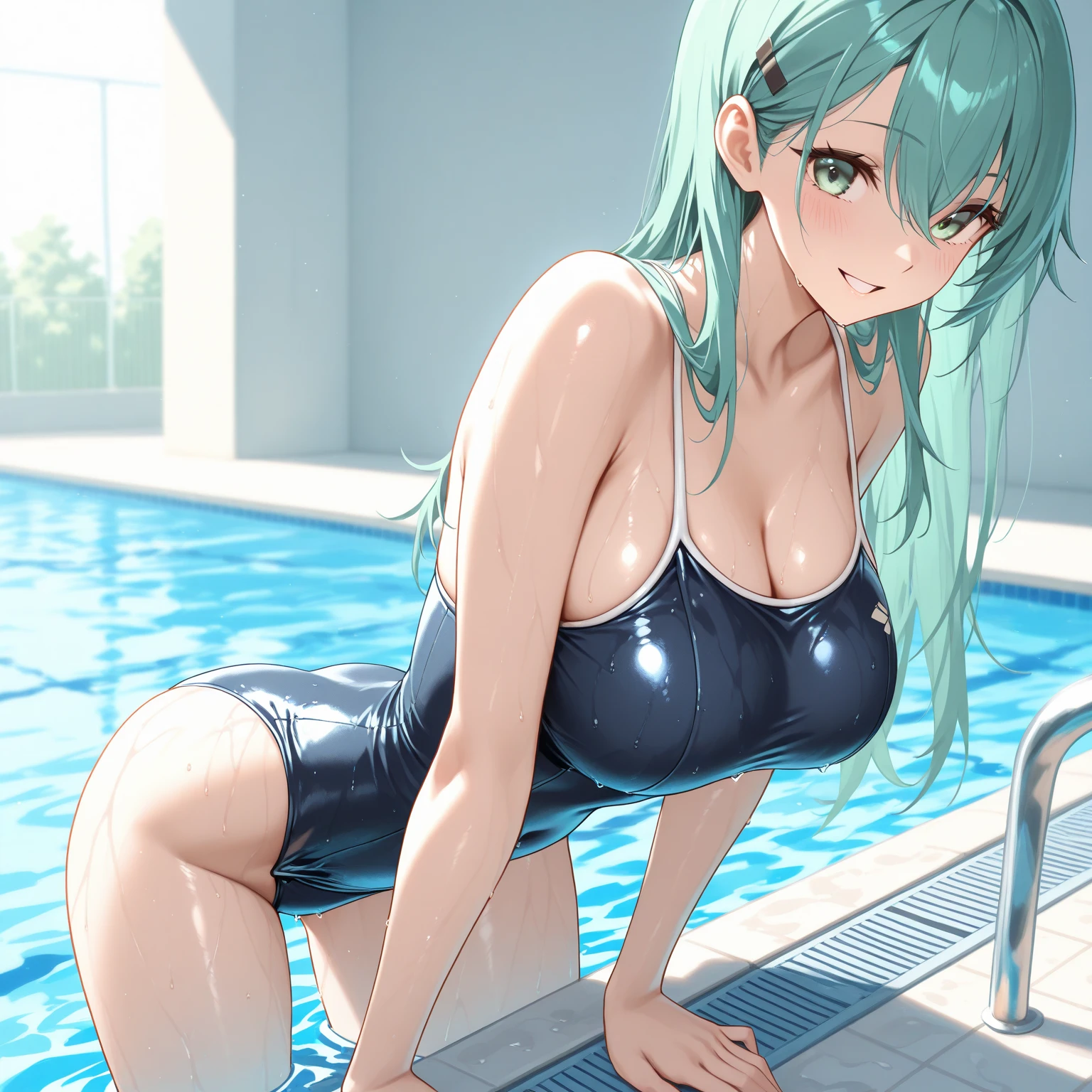 long hair aqua hair ponytail red eyes,slit pupils,big breast,school swimsuit,on the swimming pool,(((masturbate,orgasm,pleasure))),open mouth