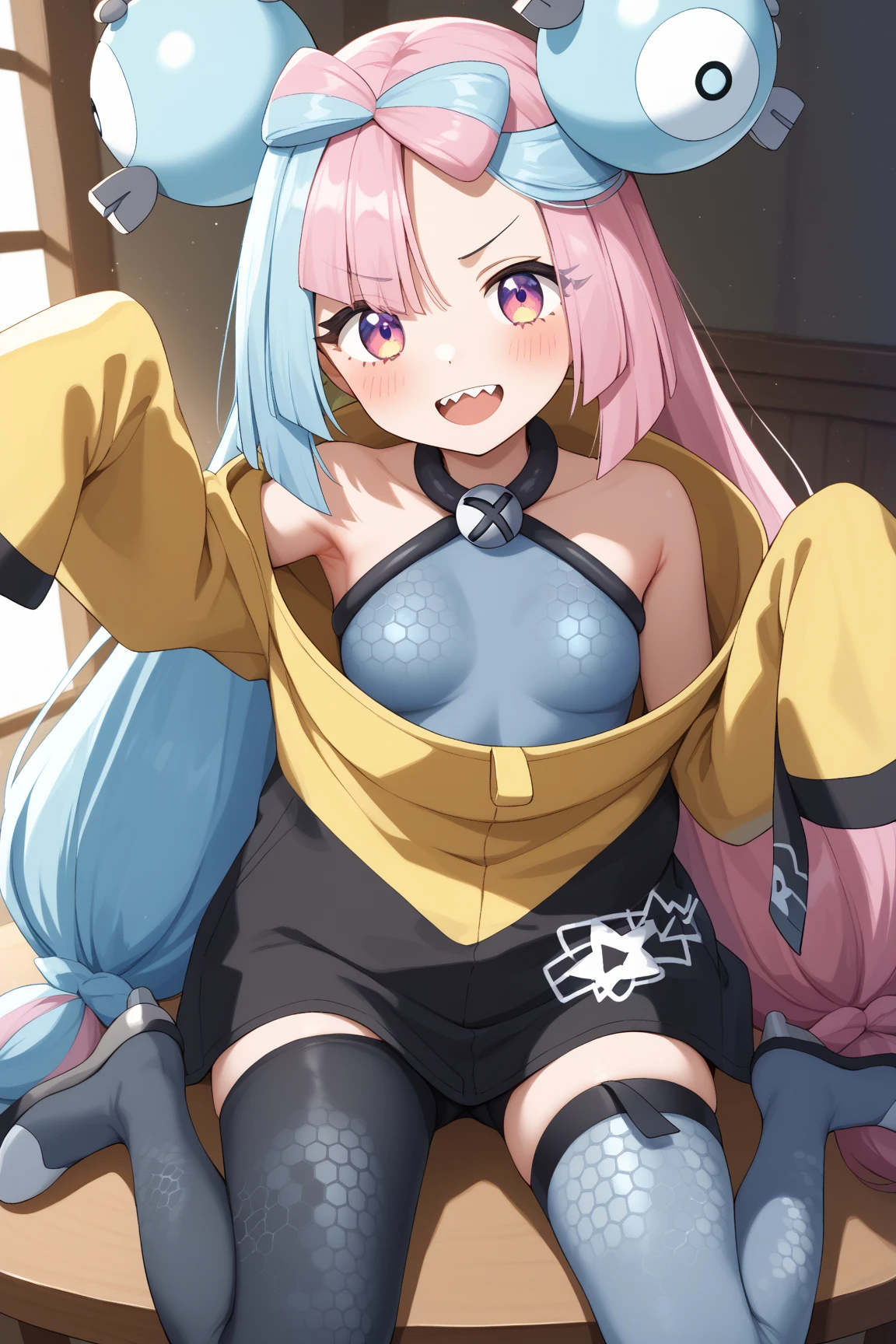 (((Little girls,))) (((children,))) loli bodies,((solo girl)),((score_8_up, score_7_up, score_6_up, score_5_up, score_4_up, anime screenshot
 1girl, solo, iono (pokemon), multicolored hair, long hair, character hair ornament, bow-shaped hair, sharp teeth, yellow jacket, ????????????, open jacket, thick thighs,)),((Perfect body,))Heavy breathing,saliva, sweat, Sweaty and wet all over,((Perfect body,))((Super beautiful,))((High quality,))((gigantic ??????,))pov, Looking at Viewer,Sweaty body, ?????????? dripping from her ??????,Rough breathing, sweaty body,Blushing, looking shy at viewer,love hotel room on the bed, The whole body is wet and the skin is glossy and shiny, (masterpiece), collar,cowboy shot,standing,????,sprealegs,squatting and straddling,(Show off your ?????? by opening your ?????? in a crouching posture,)(arms behind head,)half open eyes,open mouth,tongue out,??? dropping ?????,glaring shyly,