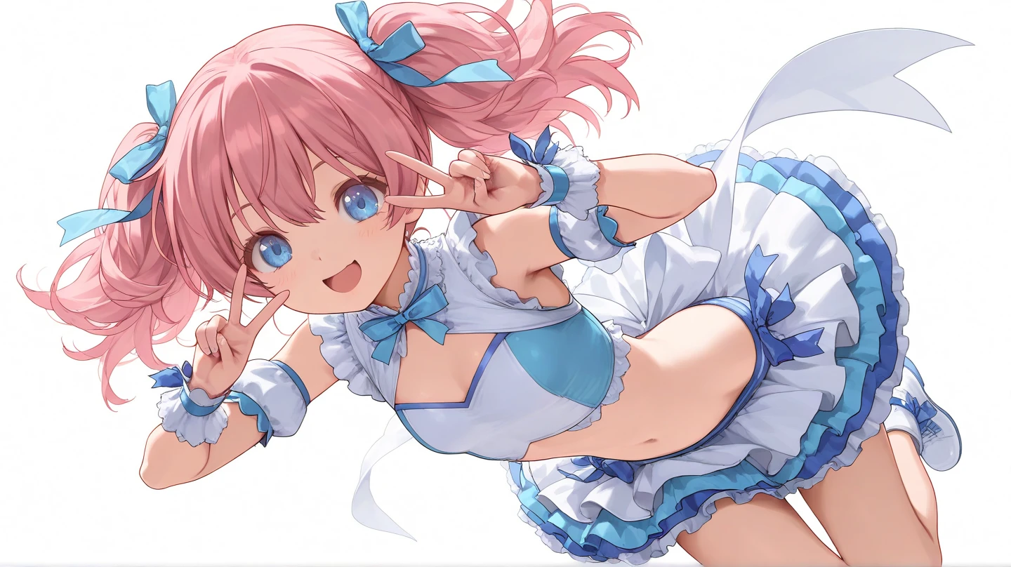 A young girl with pink hair, blue eyes, wearing a bunny girl outfit, tights, and thigh socks.