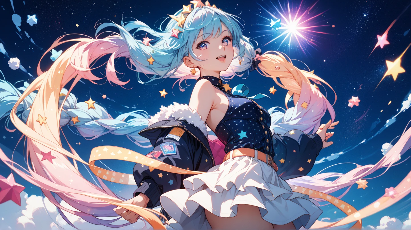Anime CG, Hi-Res, Absurdity, 8k, Masterpiece, ((((Detailed Eyes and Detailed Face: 1.2), Dynamic Angle, (((Detailed Eyes and Detailed Face: 1.2)))))), (((Perfect Human Hand, Super Detailed Human Five Fingers)))), ((Perfect Human Foot)), Upper Body, 1 or 2 Girls, Smile, Wolf Ears, Wolf Tail, Pink Eyes, Hairs Between Eyes, ((((Wink)))), D cup, cleavage, striped hair, (((((Colorful hair color: 1))))), (((Random hair color: 1)))), Variegated hairstyle: 1, twin tails, ultra-detailed gradient hair, ((T-shirt with kagenari letters)))), professional designer, fashion leader, ruffled dress, love live, jewelry, best stage, climax, professional stage, ( (Perfect singer holding the microphone with left hand and singing emotionally, perfect singer, screaming, overflowing emotions, best smile))), singer, vocalist: 1, idol, diva, ((galaxy, space, earth, planet, battle, explosion, ivory gold ai space spaceship))), professional stage, professional lighting, live lighting, gaze averting, fan service: 1, ((background, Sing on the stage of the AI spaceship: 1.2)))), (((Sing on the stage of the AI spaceship: 1.2, space, earth, planet, battle, blast, explosion, ivory gold AI space spaceship, stars))), ((((Panchira, cute panties))))