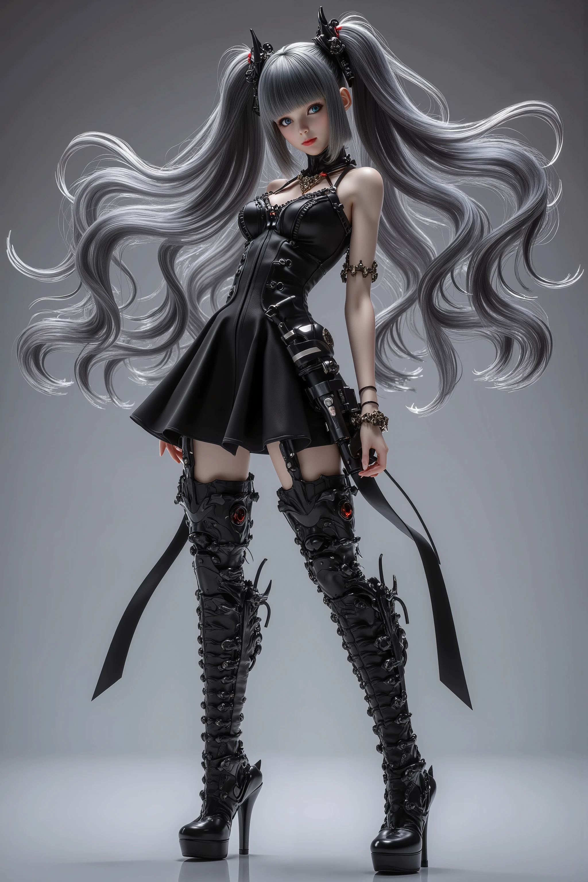 top quality,Supreme Masterpiece,highest resolution,original figure,with stand,deform,small butt,slim thighs,long legs,natural bob,Wave Hair,trimmed bangs,Black and gray hair ,Small Breasts,Tight breasts,slim face,small face,very cute face,idol face,Real Face,fashion supermodel,black a-line dress,thigh high platform boots, Super High Pin Heels ,luxury necklaces,gorgeous earrings,Luxury Bracelets