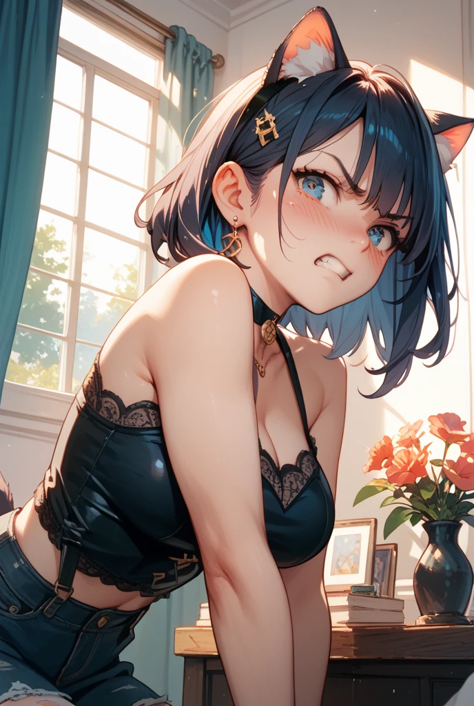 top-quality、Top image quality、masterpiece、girl with((18year old、Best Bust、big bast,Beautiful purple eyes、Breasts wide open, Blue hair ponytail、A slender、Large valleys、、Reflecting the whole body、Red face、Shining eyes、White Y-shirt、Black bra、a black skirt、Undressing Pose、A slight smil、Leaning forward、))hiquality、Beautiful Art、Background with((The Great Room at Night、Cute table、Cute chair、Cat Floor Mats)))、,masutepiece、visualart、depth of fields、