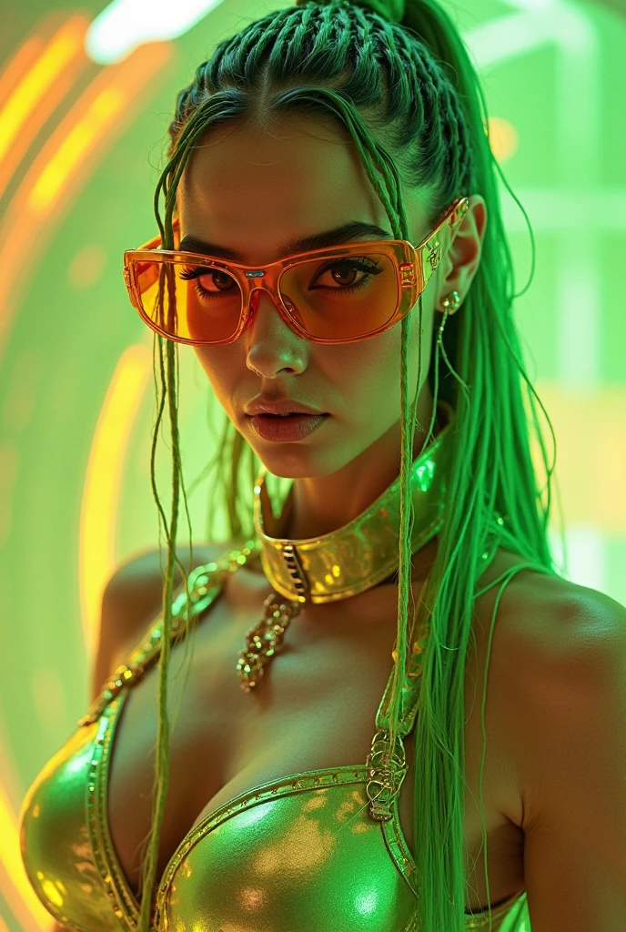 Futuristic Cyberpunk Style, (ohwx woman:1.0),In the middle of a grand, mystical theater, a female human Trickster (photorealistic:1.35) dances, pulling the strings of fate. Her expressive face, painted with (bold, vibrant makeup:1.2), echoes her mischievous nature. The world bends to her whims, a die of destiny rolling in her favor. The playful stage setting and her jovial demeanor capture the playful nature of her mythic path,  <lora:zendaya_lora_sdxl_v1:1>