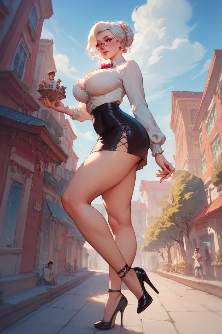 masterpiece,full body, small size head, Stunning Blonde lady, pale skin, blue eyes, stunning, smile face, Brown pantyhose, she wear lace red dress, red stilettos , jewels,thick calves, super thick legs , super big ass. She is sitting crossing her legs in poor african Town.