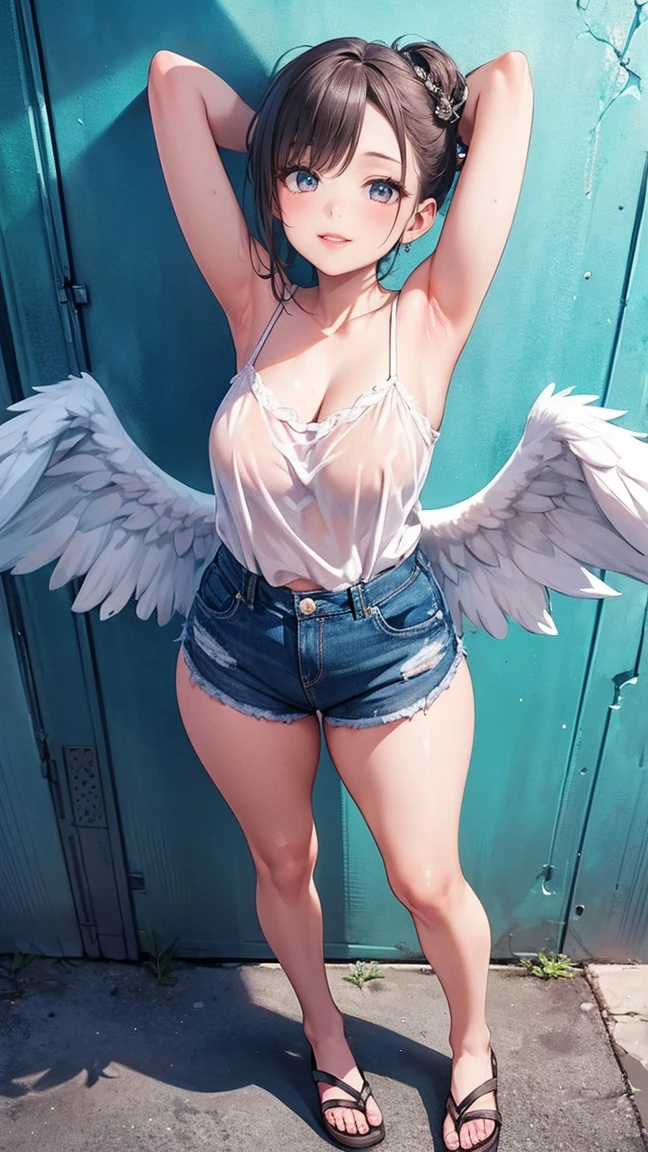 "picture quality: 8K (Highest quality scale: 1.2), Artistic style: Realistic, Photorealistic elements: 1.37, Clarity: Ultra high definition, subject:One girl flying over a stunning cityscape ,Hoodie,Blue hair, Neon Color Shooting Star, Very long hair, off shoulders, feathers hair ornament, neon color, flashes, stunning night sky, age girl (16 yotable features: Pleasant smile, Closed mouth, exquisitedetails, Lovely Nose, Composition: Full body, damp hair, context: In the giant Darsepho, Highly detailed giant angel wings