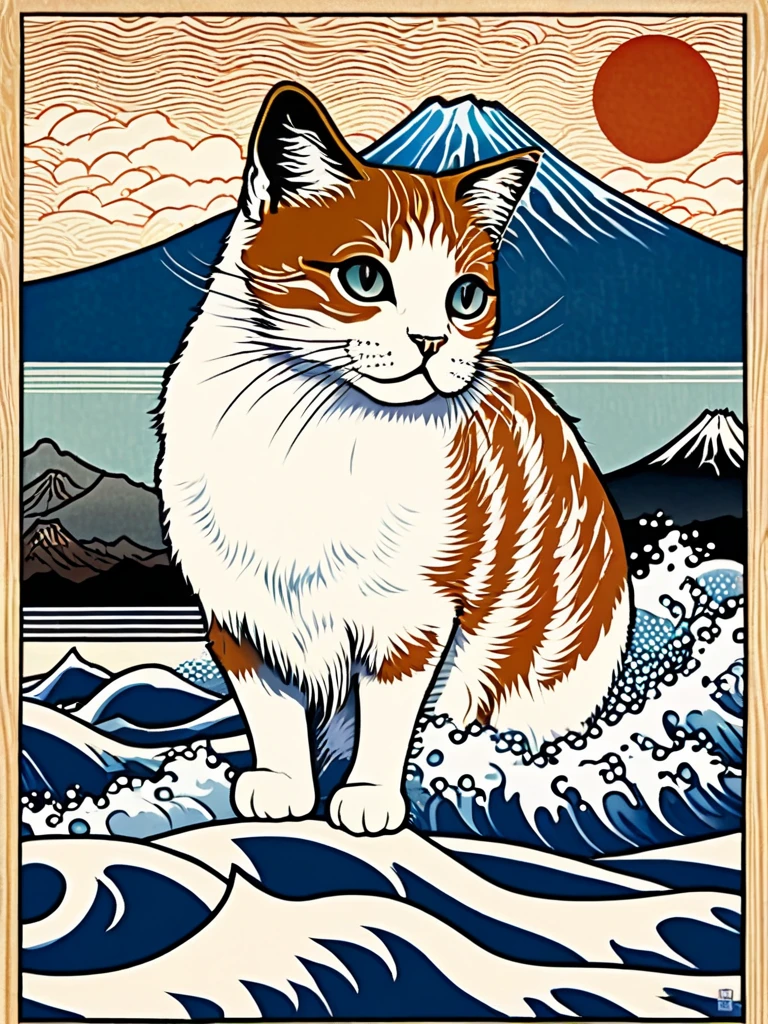 A traditional Japanese ukiyo-e style illustration of a cat, inspired by ...