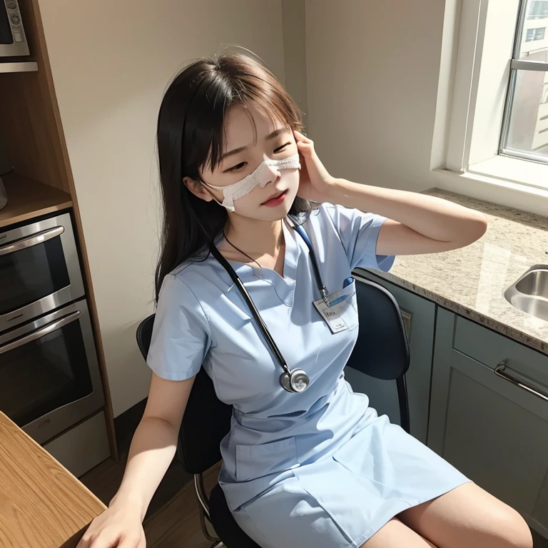 18 year old hot blonde girl with medical mask in white nurse clothing, medical cabinet, holding a dirty jar