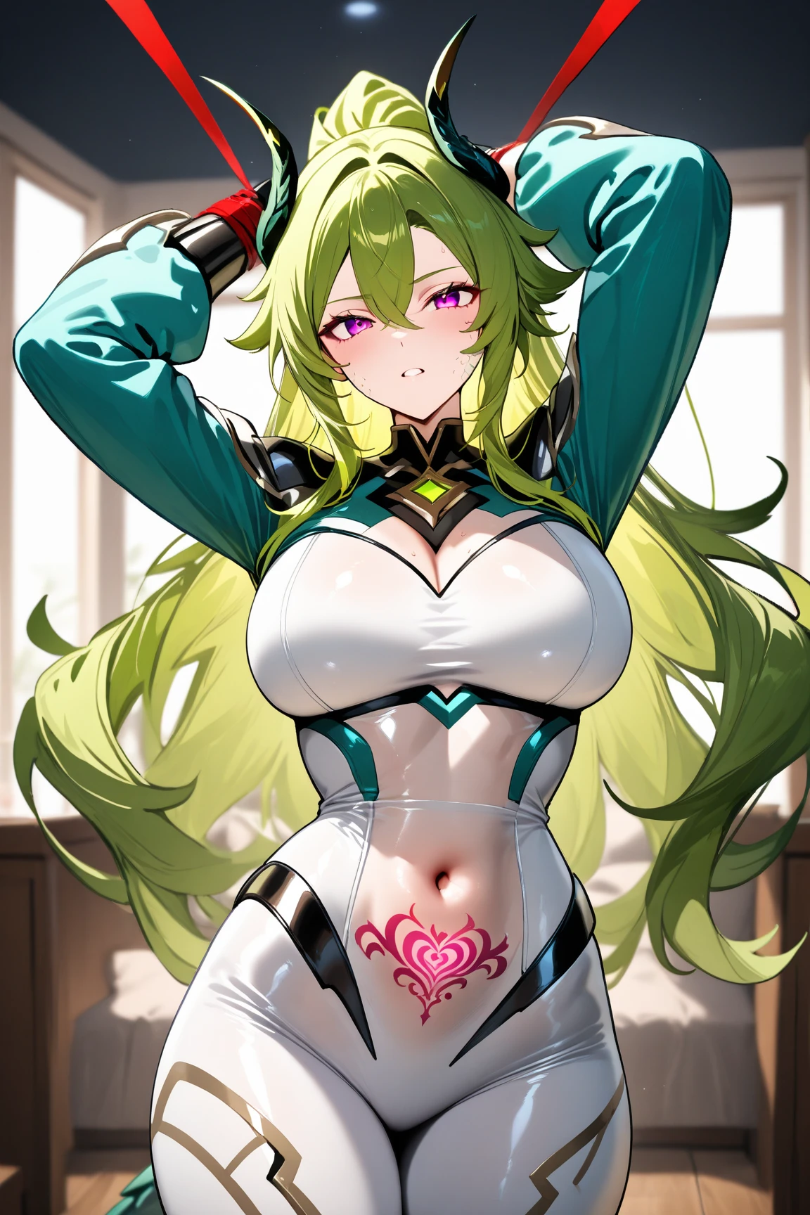 (Mecha girl), ((standing walking)), (plump body), (nurse's uniform), (larger breasts), (highest image quality), (light green hair gently brushing over her shoulders), full body, anatomically perfect proportions. She wears a close-fitting white medical dress, the light lines of the clothes outline her beautiful figure, showing her unique qualities, Mecha Girl 2 has a plump and slender body, slender waist and plump bust form a perfect proportion. Her medical gown clings and stretches over her body, accentuating her striking curves. Although she is timid and sensitive, her body language reveals a confident and restrained charm, and her skin is fair and delicate, smooth as white jade. Her slender fingers deftly operate the instrument during the medical process, demonstrating her technical proficiency and professional ability. Her fingertips were coated with a light layer of nail polish, adding a touch of feminine covetousness,