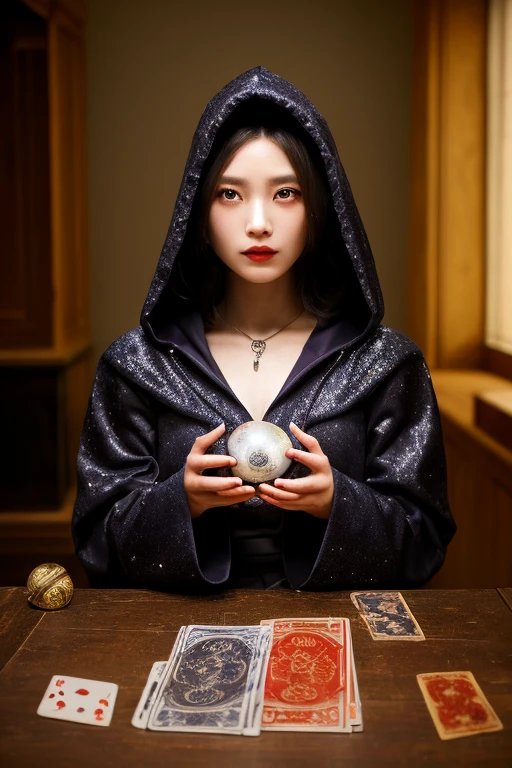Top image quality、Photorealsitic、16K，​masterpiece、masuter piece、The most beautiful Japanese woman、fortune-telling using crystals、fortune teller、black cloak、darkened room、the crystal is on the table、the fortune teller is sitting on a chair、
