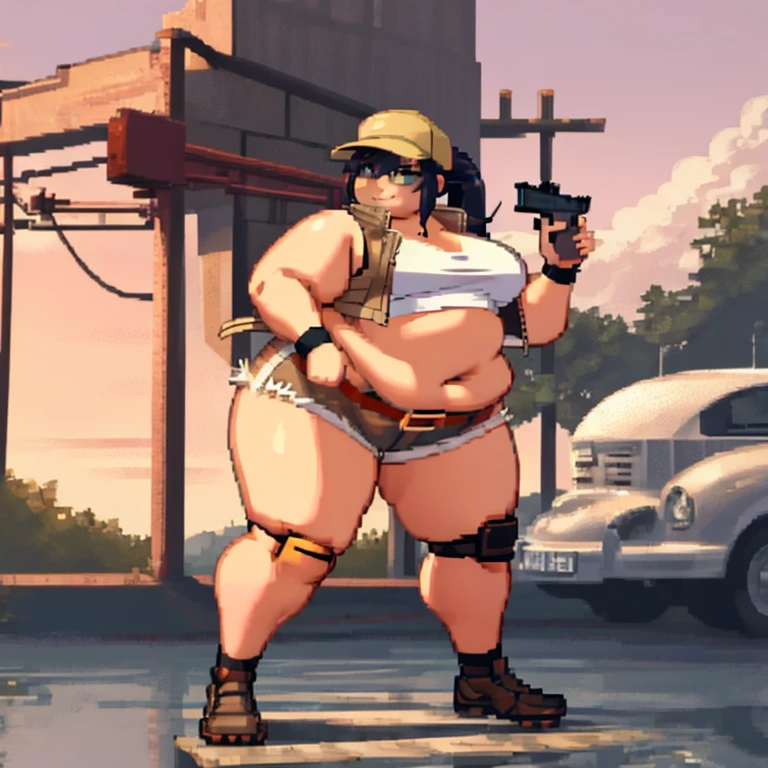 photorealistic, cinematic, <lora:more_details:0.5>, <lora:symix-5-1:0.4>, thick thighs, wide hips, <lora:ethica:0.4>, fat ethica, chubby face, ponytail, baseball cap, tactical outfit, plate carrier, black short sleeve crop top, pants, gloves, running, sweaty, panting, tired