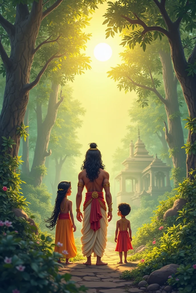In cinematic 3d cartoon styles "Lord Ram's exile:
One scene shows Lord Rama, his wife Sita, and brother Lakshmana traveling through a dense forest. They are walking among the dense trees and bushes of the forest, along with a small hut that may be shown as their temporary residence."