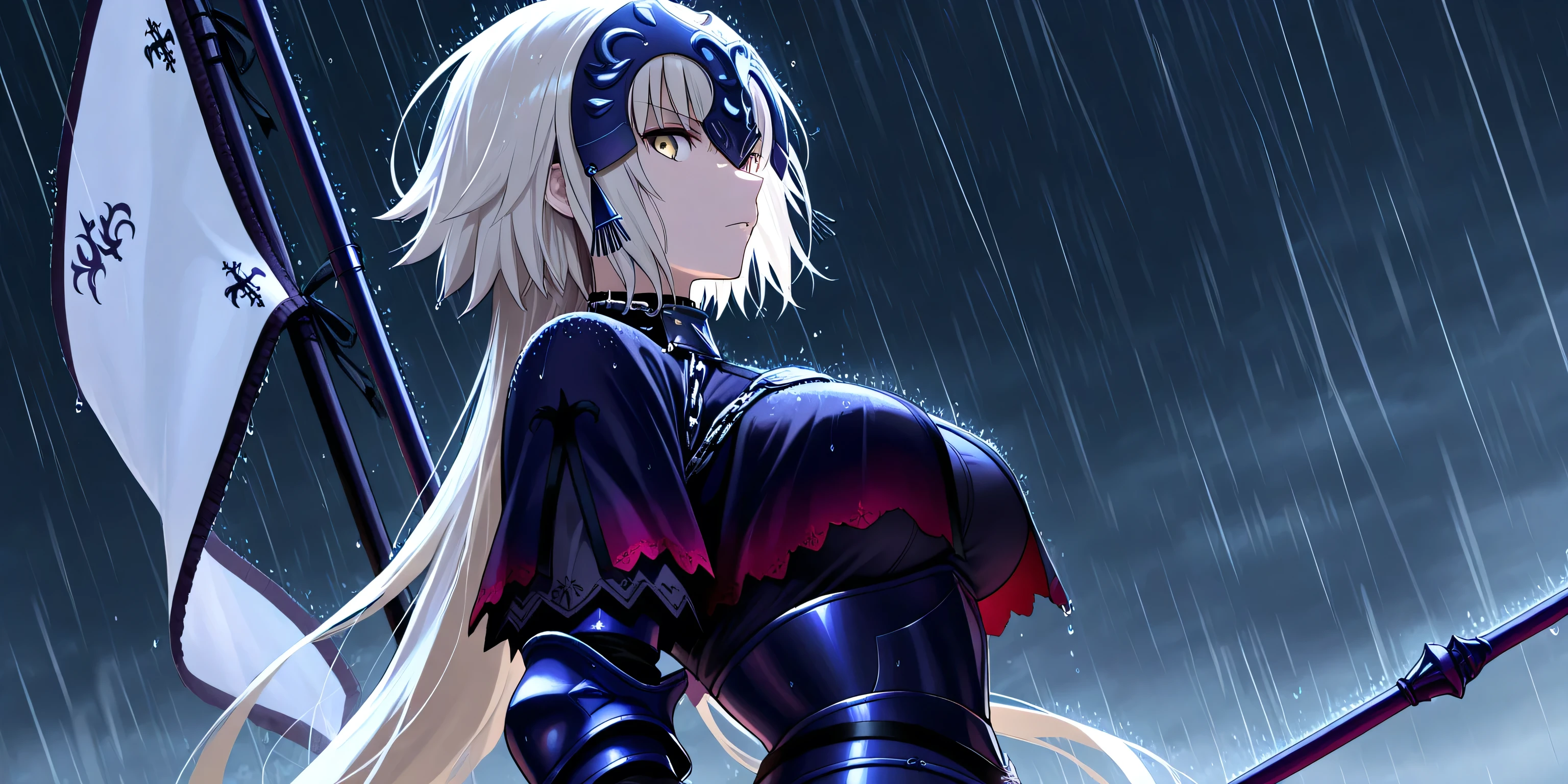 alter jeanne d arc, dynamic angle, looking confident, looking at viewer, beautiful face, best posing, detailed face, holding her white flag, masterpiece, raining, view from side, badass, cool, menacing, best quality, dark and gloomy atmosphere