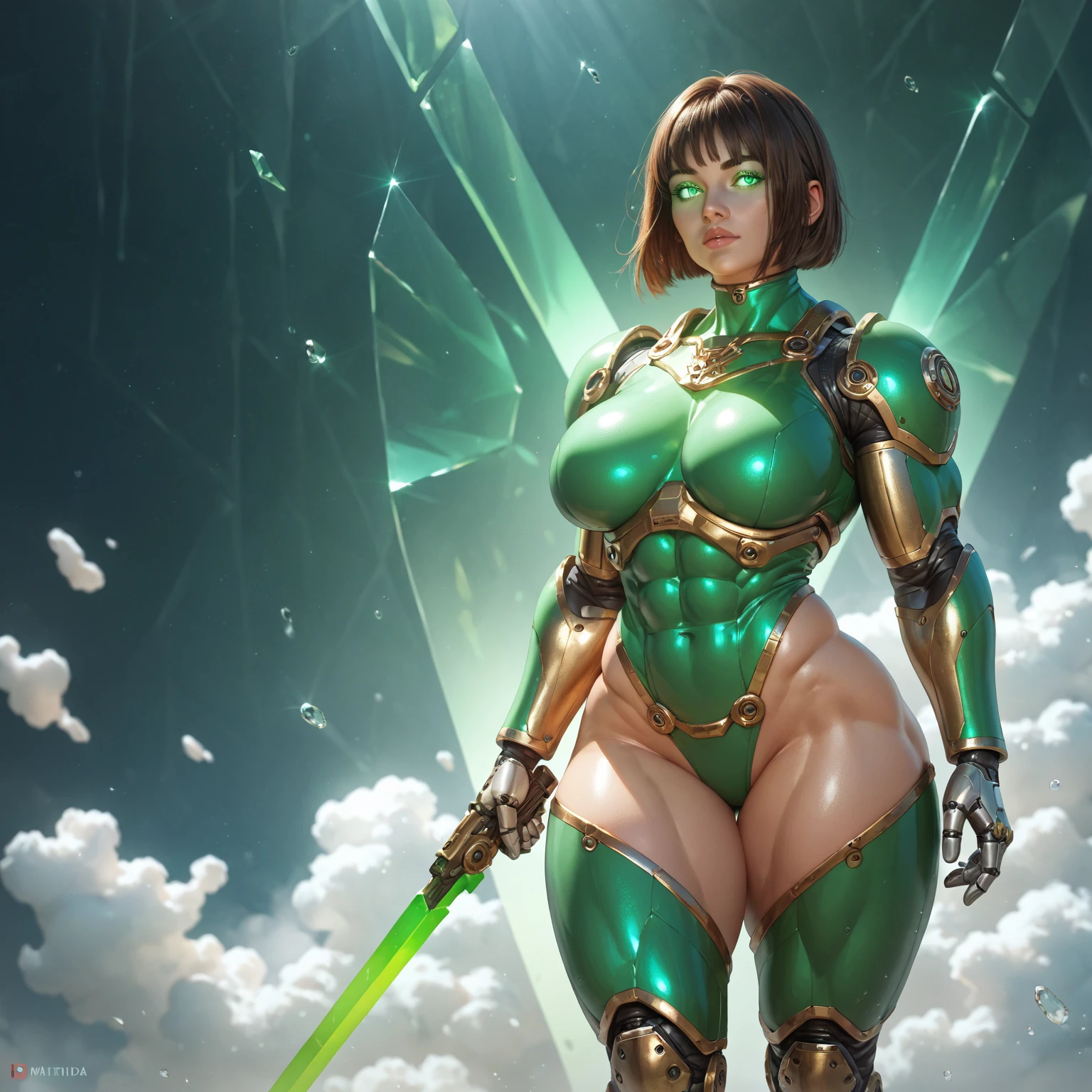 (masterpiece, best quality, cinematic, photorealistic, ultra-detailed), (1girl, female knight), (wide shot, full body, from the side:1.4), (wearing golden armor with an accent of emerald green, wearing green cafe, wearing green gloves and boots:1.5), (wearing emerald green top and bottom bikini:1.4), (sleek black hair, with bangs:1.2), perfect hands, perfect face, (large cleavage), (seductive pose:1.2), (hazel eyes, soft and shimmery eyeshadows, detailed pupils, defined eyelashes), (blushing, slightly parted lips, cherry lips:1.2), standing, (gradient background)