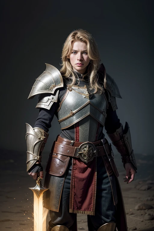 A white girl, who is a paladin, blond hair, blue eyes, silver tattoos on her right arm, wearing a iron breeqarplate with a chainmail underneath, wearing brown high fur boots and fur gloves, dhe also is wearing a short brown skirt made of leather with a belt