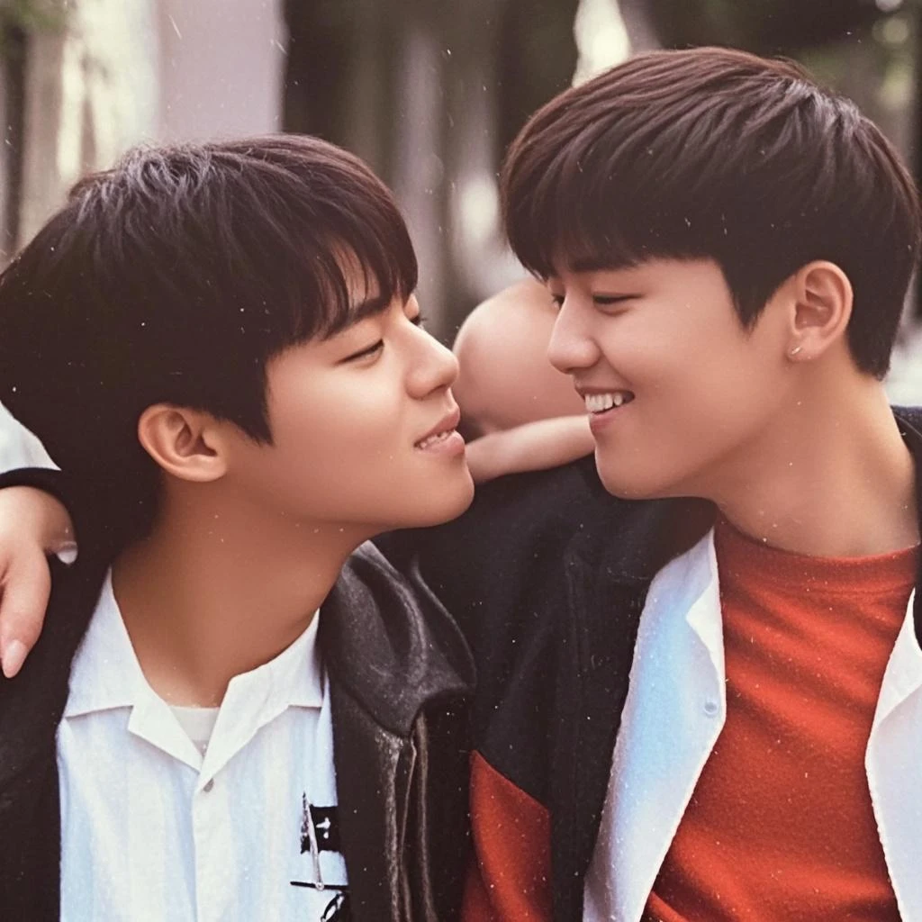 （Chinese handsome：1.5），(Two men at an amusement park)，the night，masculine pose，realistic detail， photograph of-realistic，textureskin，looking to the camera，18-year-old boy,Studio, (kiss together) , love