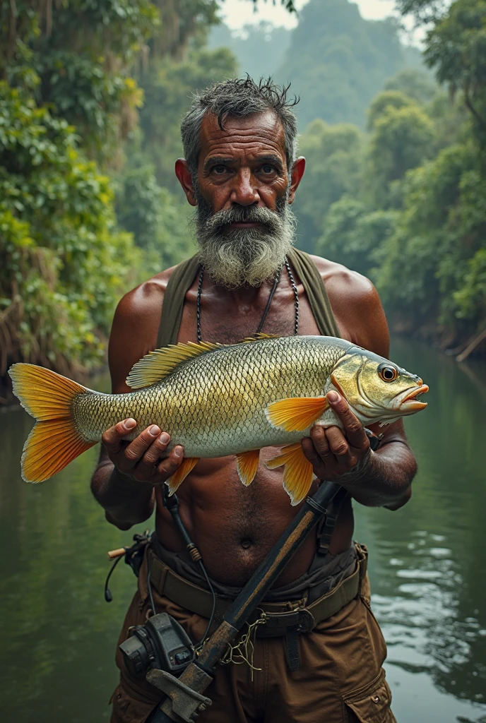Man wearing lungi holding fish