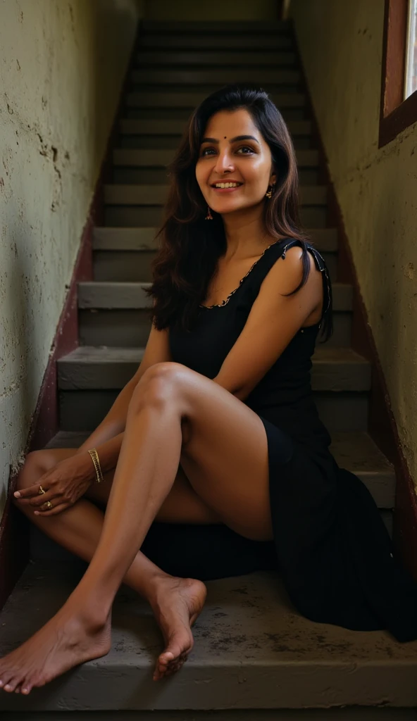 Create a scene where inside a room a fair, smiling and beautiful Indian woman in black satin salwar is carrying a large man on her shoulders, man is sitting on her shoulders , dynamic lighting
