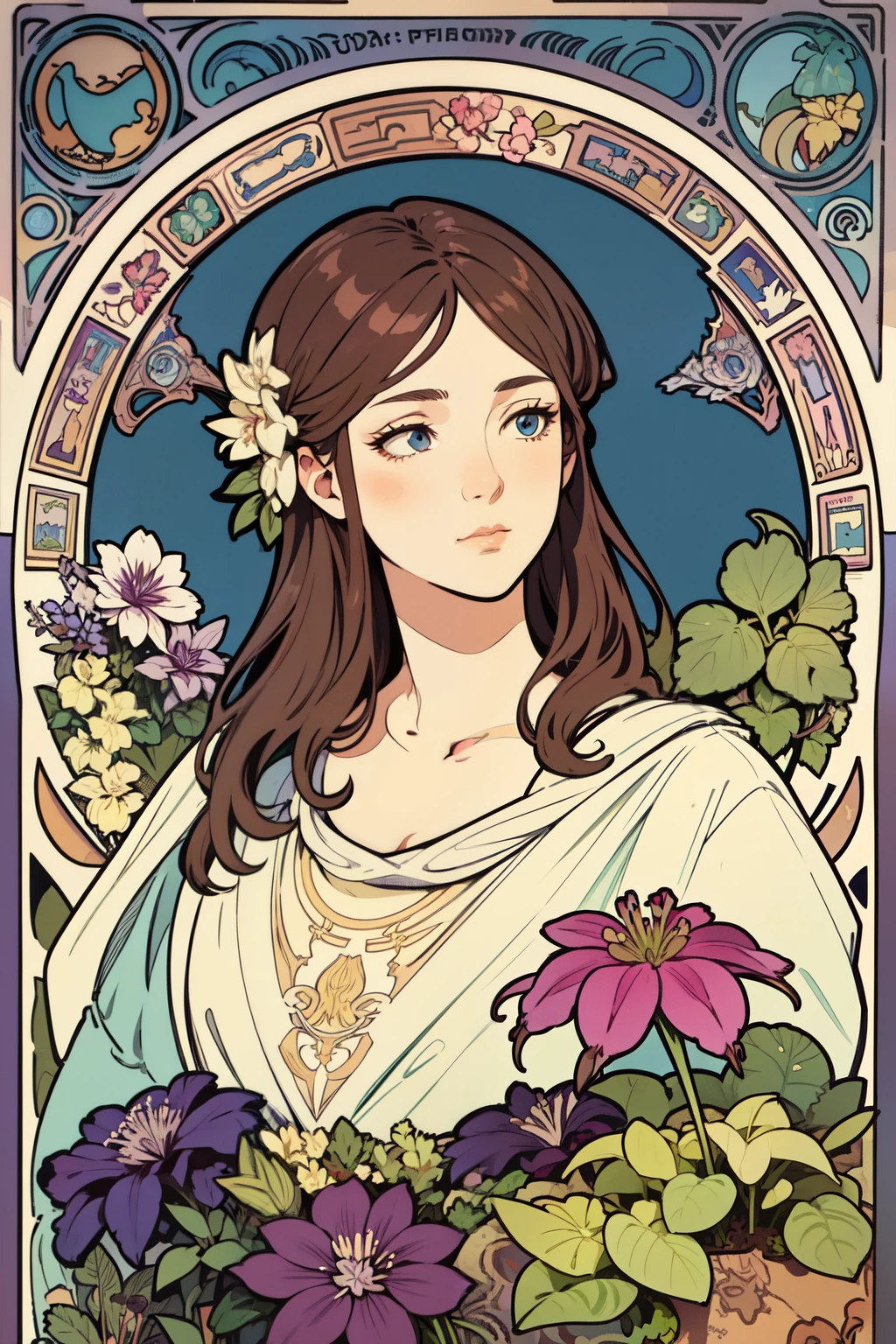 Alphonse Mucha style, female profile, meticulously written to the smallest detail, light blue, --auto
