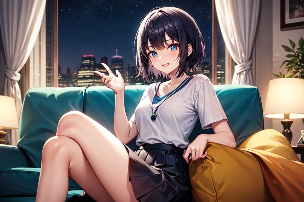 ((one woman))、NFSW、masterpiece、Highest image quality、ultra high resolution、Medium-sized elementary school girl、red and large eyes,、Black hair medium shorthair、The inside of the hair has blue coloring.、Two red hairpins、((Outside the window is a starry sky))、sitting on the sofa、seductive pose、poses that invite sex、sensual pose、(perfect body structure)