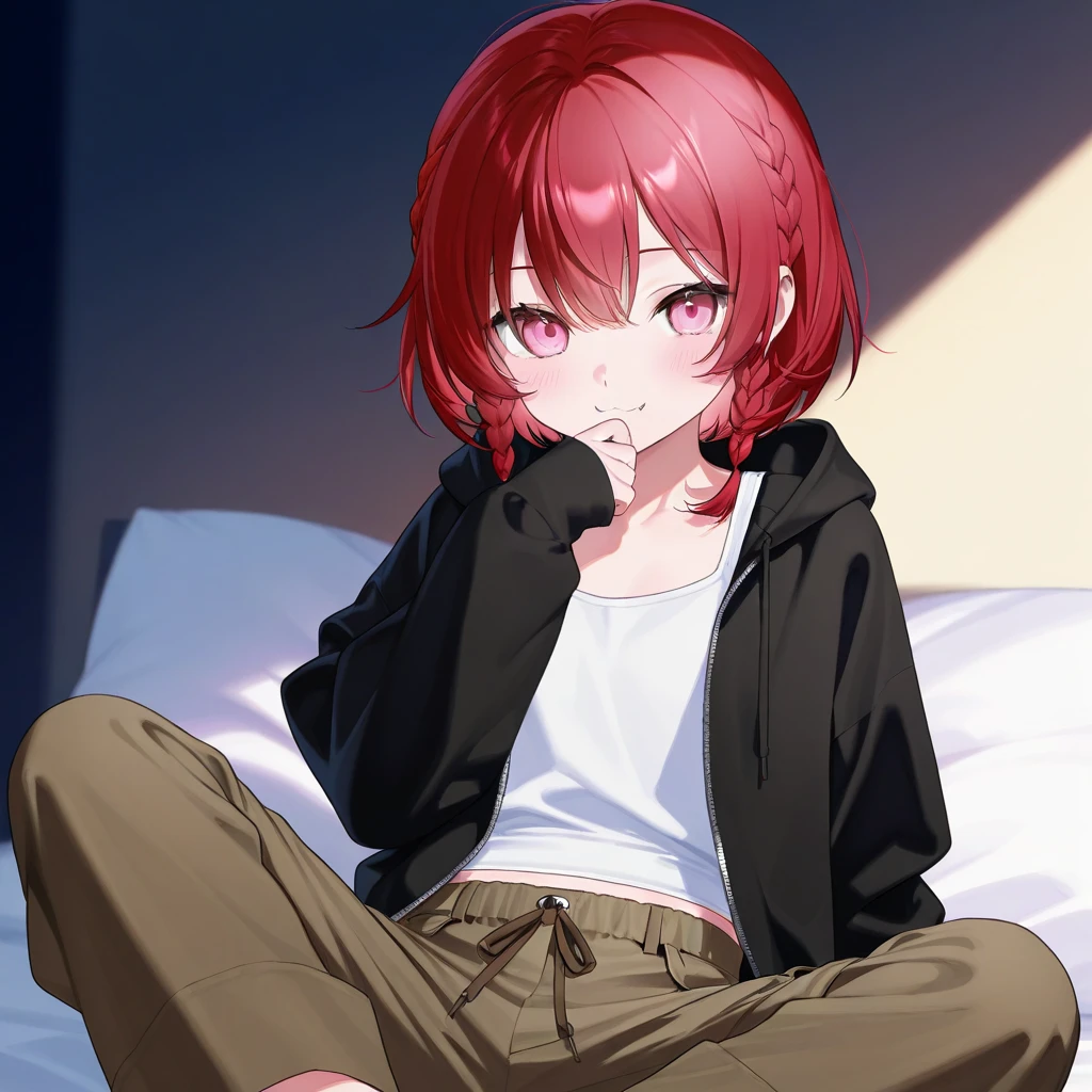 A 14 year old girl with a toned and curvy body, she has light red hair, an angry face..but also cute, she is wearing a short black skirt, a white shirt and on top a black and gray plaid jacket and she is in a dorm sitting on a bed