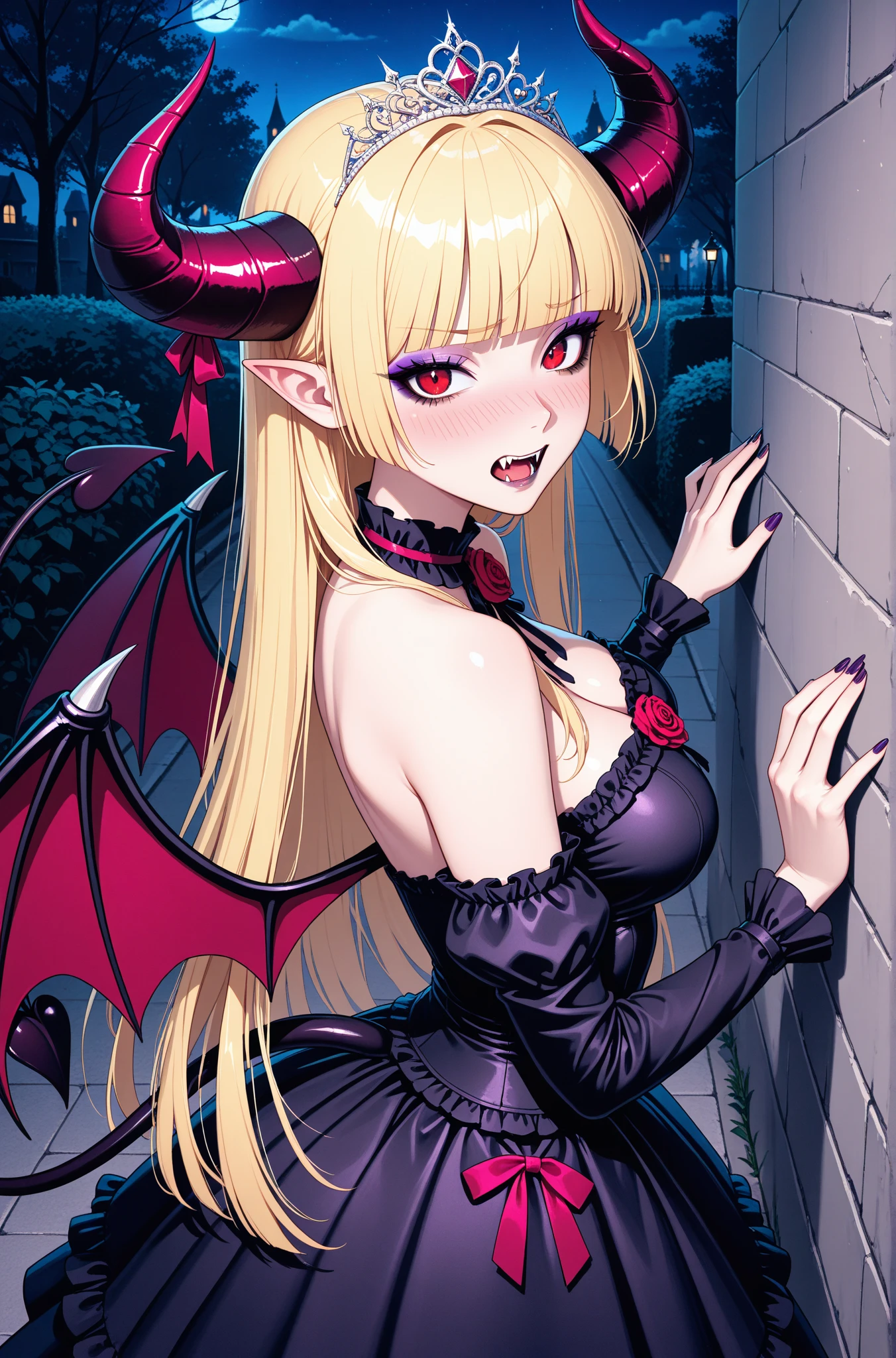 ((masterpiece,best quality)), absurdres,
<lora:lilith_PAD_v1-10:0.8>, lilith_pad, gloves, cleavage, jewelry, earrings, red eyes, demon horns, demon wings, tail, elbow gloves, dress, ruffled skirt, 
smug