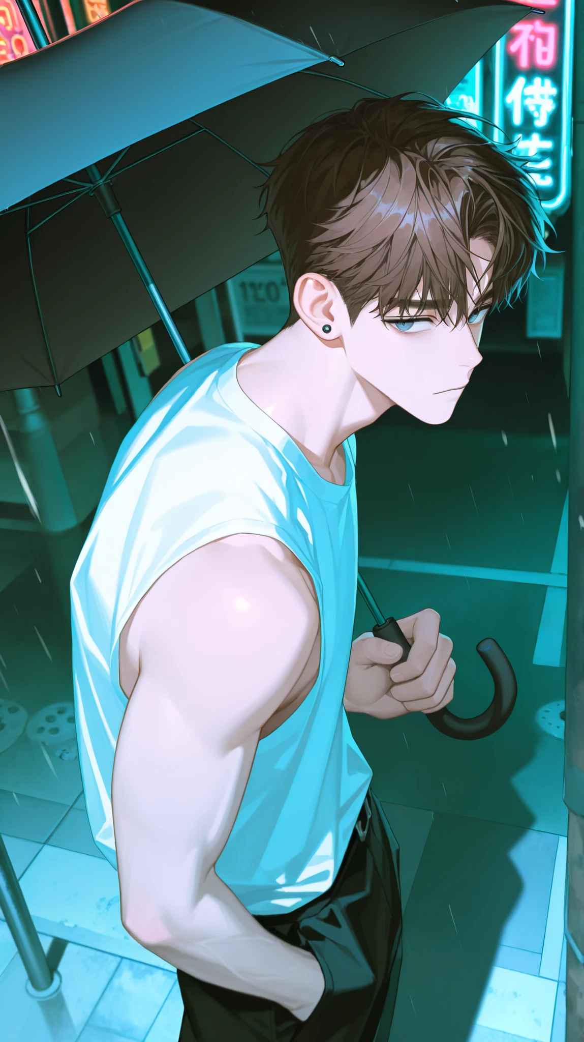 8K, male, young man, 35 years old male, Height 181 , mature male, Detailed Brushwork, light skin color , masterpiece, the best image quality, very aesthetic, Absurd Results, remain , masterpiece, recent , Absurd Results, remain Solo, High Quality Details,male, handsome man, bushy messy bangs, short back hair, dark hair,dark eyes, a black ear piercing, handsome,sharp expression, Clothes scattered in the wind, Wearing a black sleeveless top in a white shirt, dilapidated ,recent, man with short brown hair ,skyblue eyes, handsome , male, wearing long black pants, high angle, Various pose, Campsis grandiflora, hold an umbrella, in the rain on the night city, Neon Sign, high quality