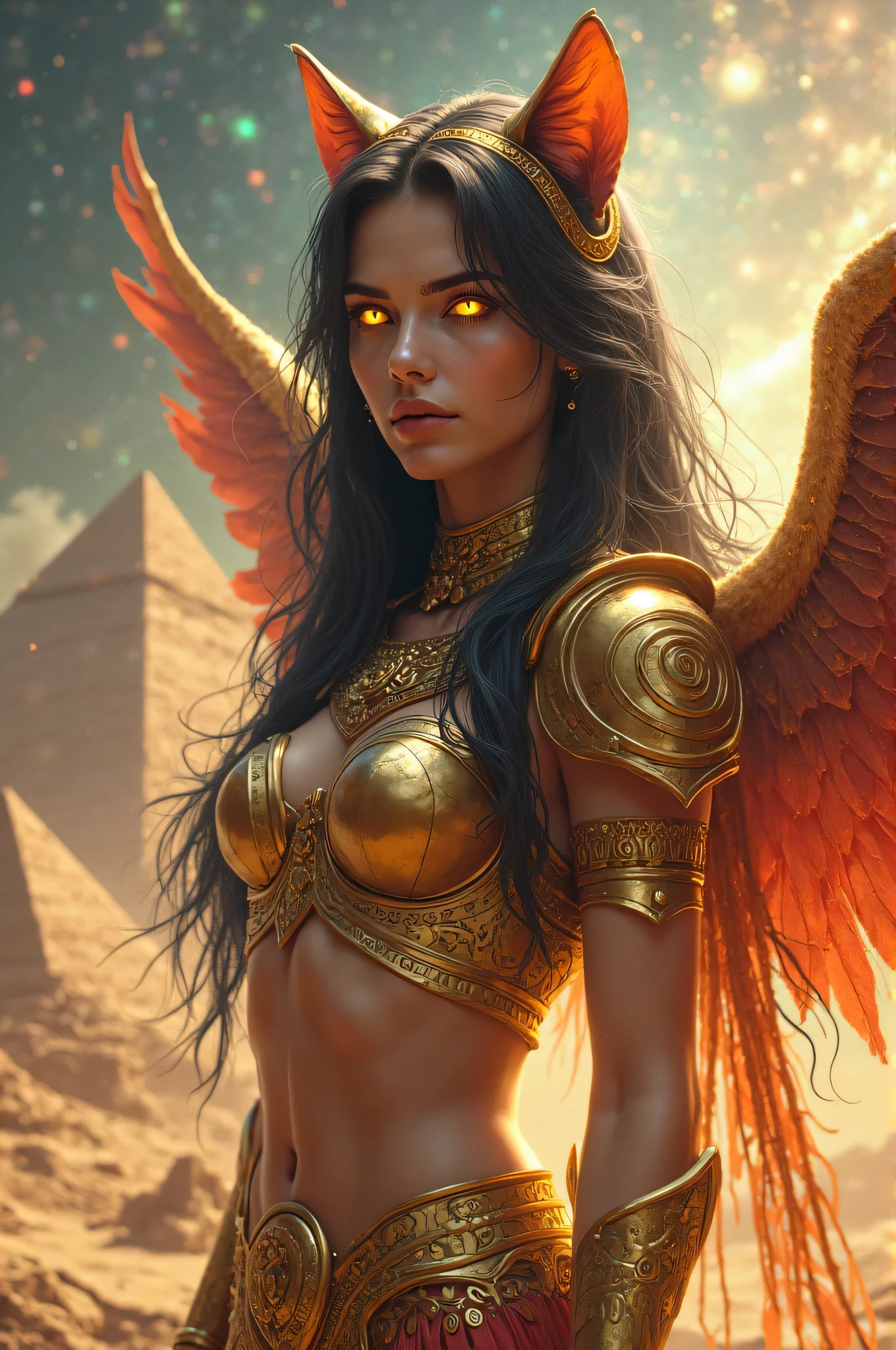 Image of graceful Cleopatra against the backdrop of the Egyptian pyramids, a dramatic golden sunset.