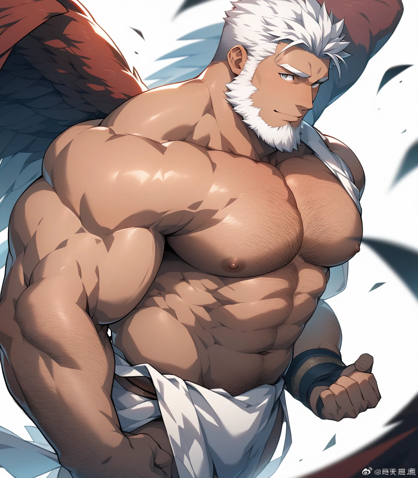 (white eastern dragon),furry,fuii body shot,white mustache,big pecs,hearty males,artbook,muscular,naked,dakimakura,white bed_sheet