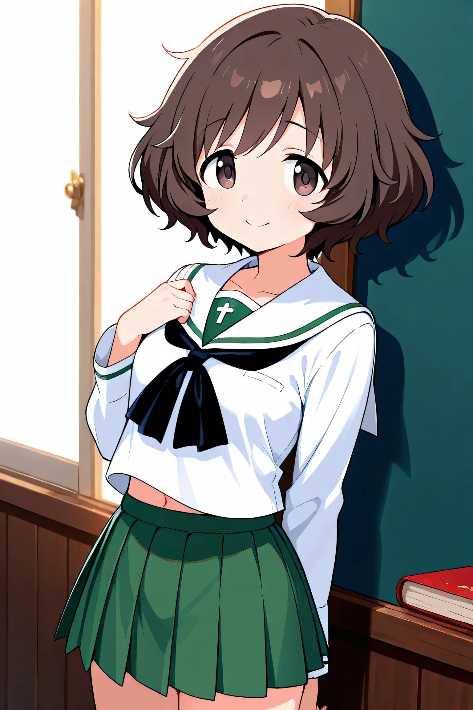 akiyama yukari,ooarai school uniform,black tie,cowboy shot, 
