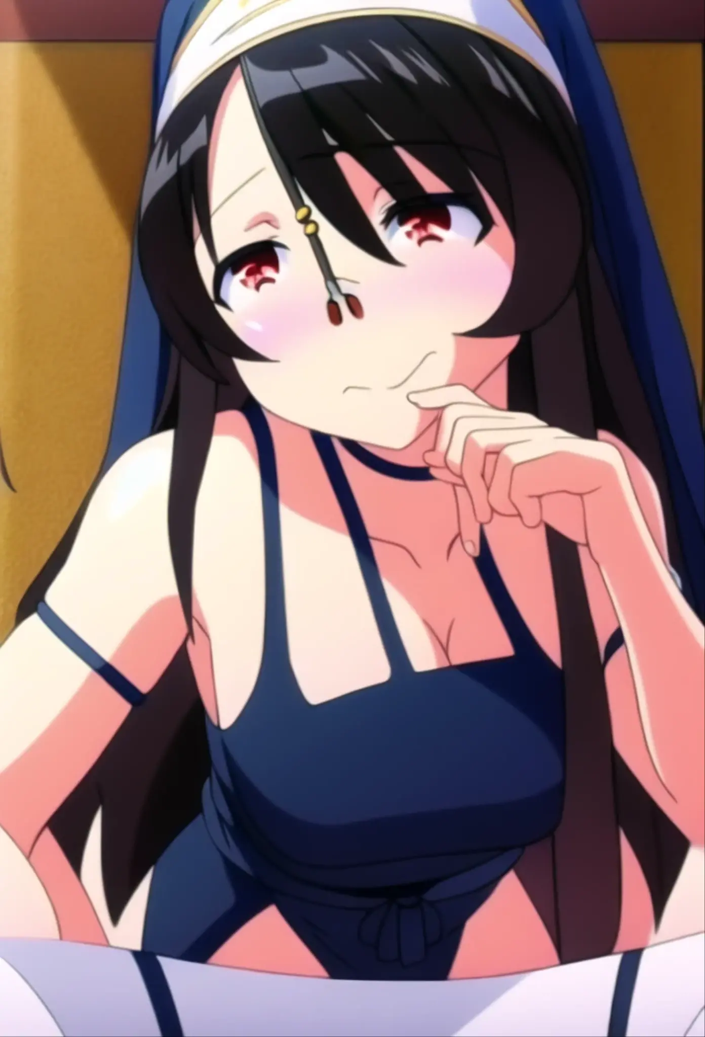 Hinata(Blue Archive), Large Breasts, Completely naked, Red eyes, alone,habit, Nuns, Prayer Pose, Long Hair, Hello, blush, Asymmetrical bangs, View your viewers, Excited face, One girl, Black Hair, very Long Hair, Hair on one eye, barefoot, White Pantyhose, White legwear, ((milking))
