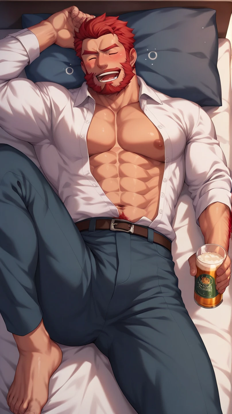 jon, a young guy in his 30s with asymmetric very short brown hair, green eyes with brown specs, a flat nose, smooth skin, slim athletic body, ((full body, lazy on sofa with a beer, nude upper body, green swim trunks)), holding a drink