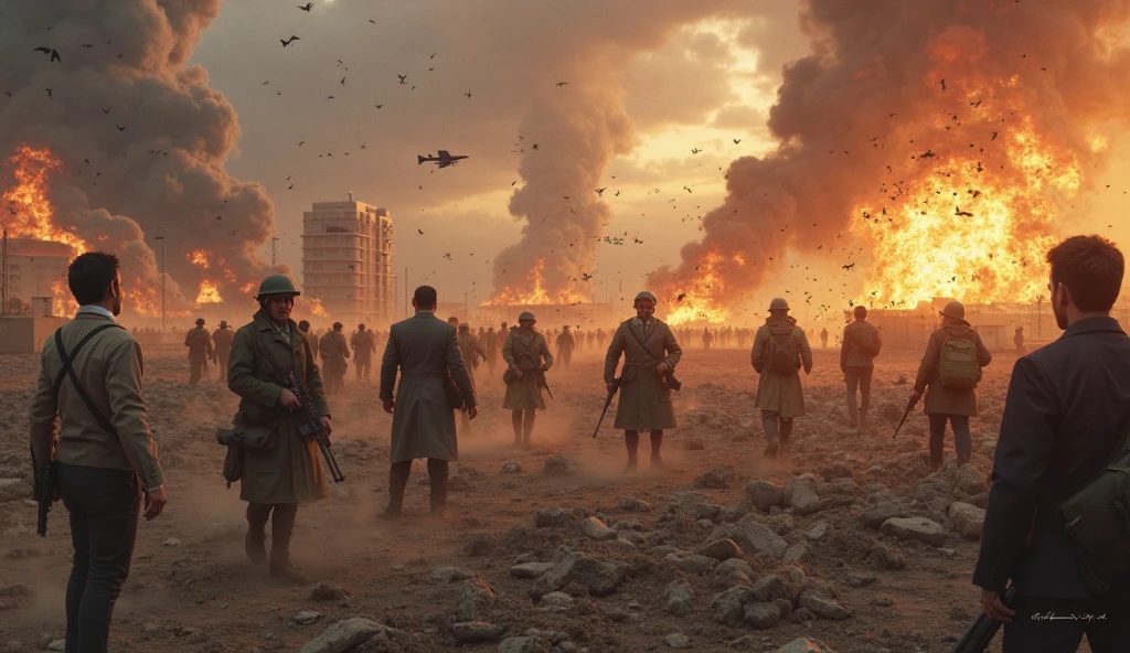 A large group of soldiers, next to a general, watching in the distance as missiles have fallen outside their military base