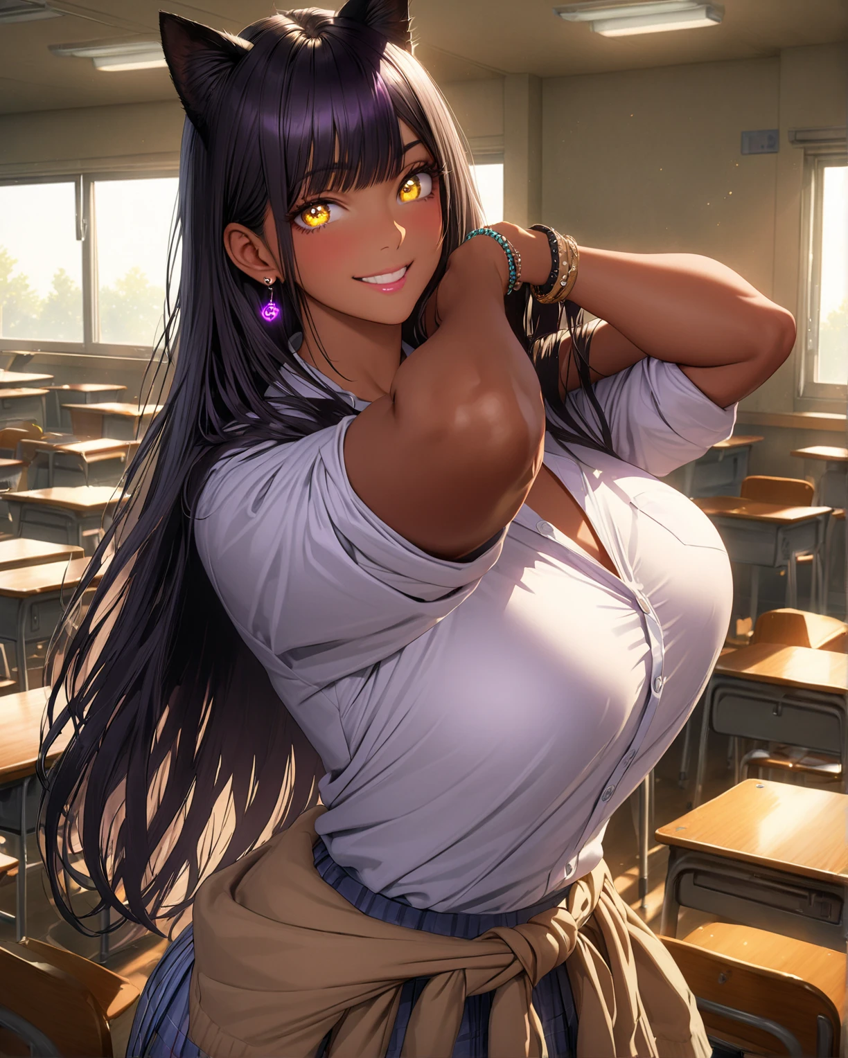 detailed, masterpiece, best quality,
1girl, score_9, score_8_up, score_7_up,

narrow waist, huge breasts, wide hips, huge ass, thick thighs, 

gyaru, hayase nagatoro, smug, black hair, dark skin, white shirt, abs, bursting breasts, front tied shirt, hands behind head
