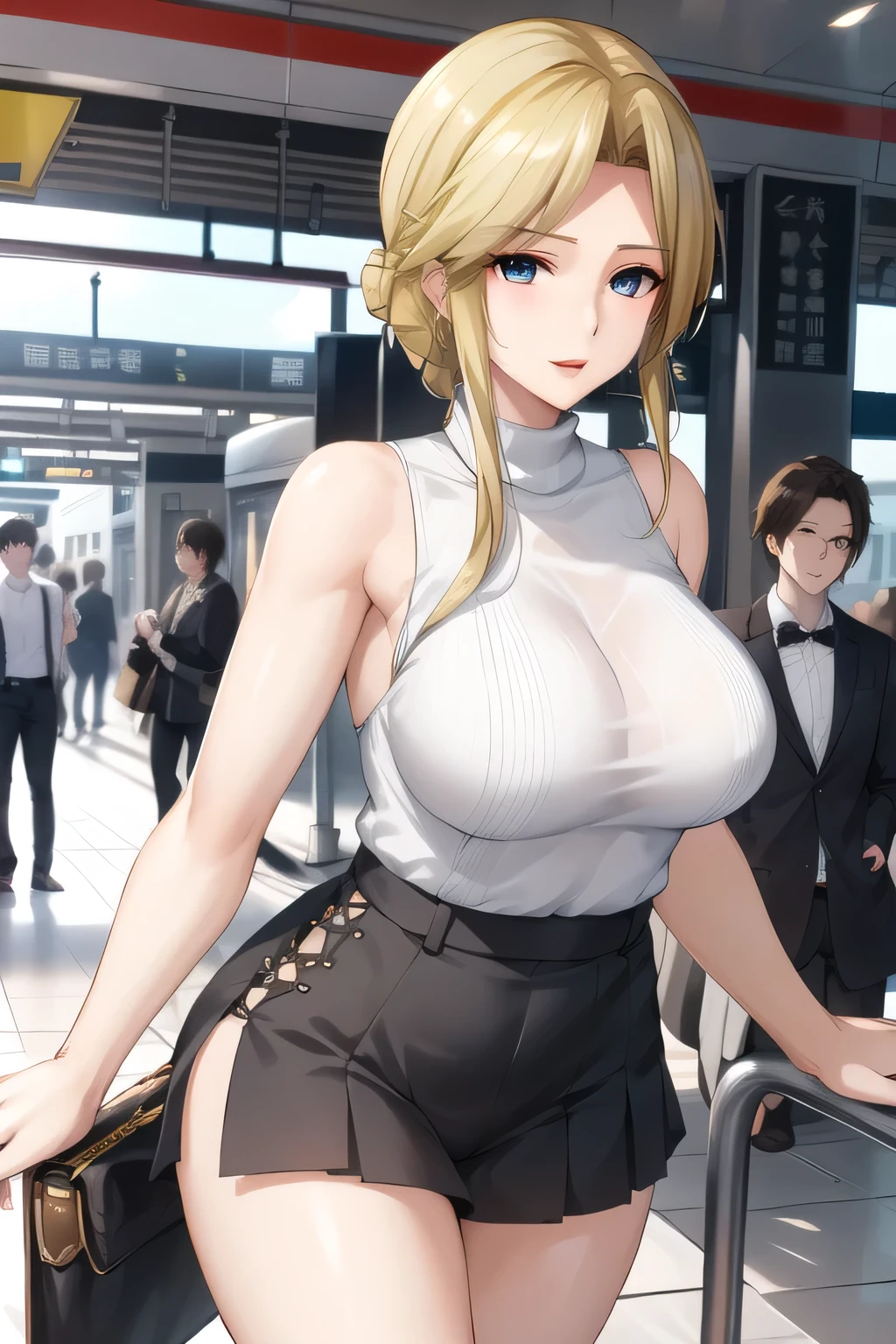 A classy elegant woman,can you draw a blonde with raised bangs,nice smile,Can you draw a woman staring at a train,draw a picture of a woman standing in front of a car waiting,東京の地下鉄ホームでwaiting for the train女性は描けますか, ,congestion,waiting for the train,Fun,Underground railway stations ,The sign hanging on the wall,{{X}},Please describe her look in more detail,walking alone, city tour ,,(((, I'm wearing casual tourist-inspired clothing))), I have a SLR camera ,(Let's draw a more delicate look),(sleeveless wool sweater),( Pleated Legs,white panties),(That work is enough for one person {X} is very important for work)、 That's enough,grimace。unless the job requires it。 {X}、 , An attractive 40-year-old woman takes off her uniform、jump off, Big black wavy hair, , Big breasts, Thin Waist , , ,Faces are very important,Anime CG, please