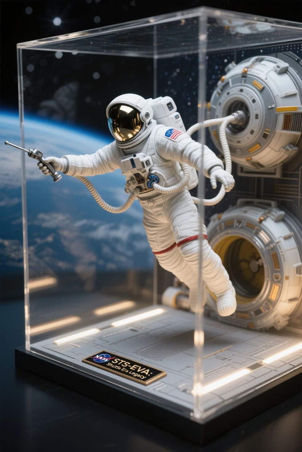 highly detailed scale model figure of the Apollo Lunar Module (LM) as the central focus, with extended landing legs, gold foil texture, antennas, thrusters, and open hatch, accurately sculpted with authentic mission markings

a small astronaut figure in A7L suit stands beside the lander for scale, saluting the American flag planted in the lunar soil, footprints and equipment such as the lunar camera and experiment packages placed around the module

the display base is a realistic textured lunar surface with crater details, enclosed in a transparent acrylic case with soft cold white LED lighting simulating moonlight, Earth printed faintly on a backdrop sky

base plaque reads: “APOLLO 11 – First Lunar Landing 1969”, boxed in a retro NASA-themed collector’s package with technical blueprints and vintage typography