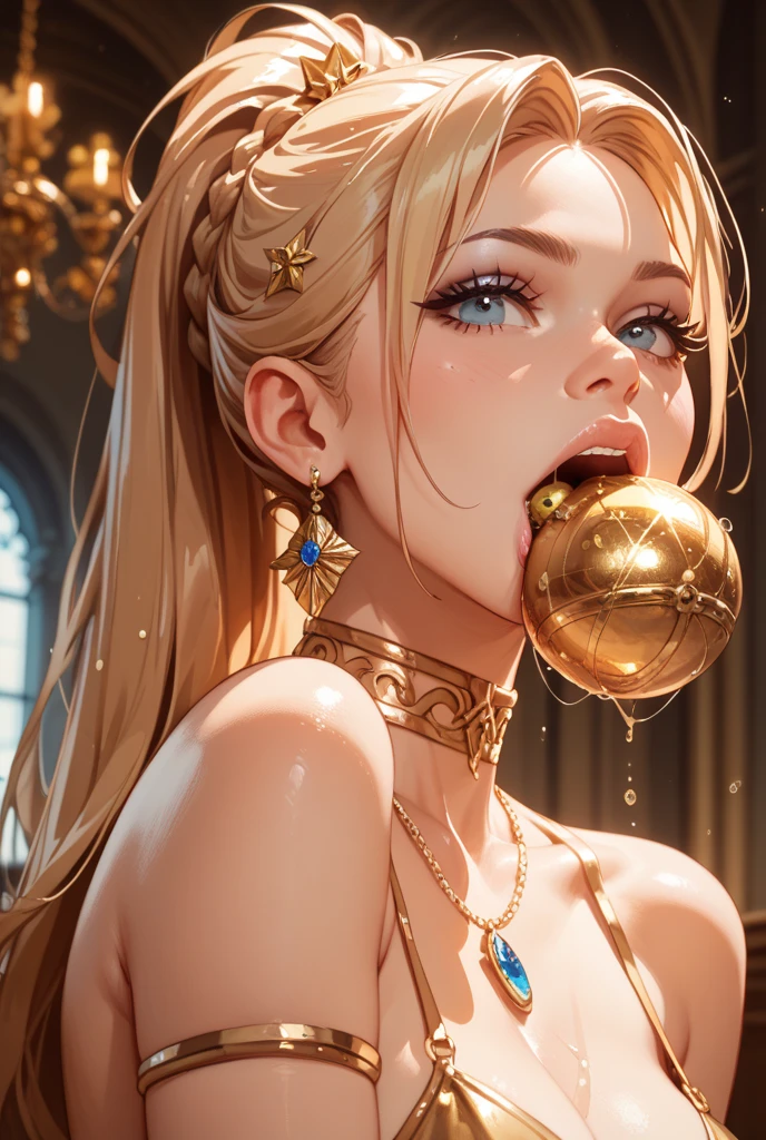 (nsfw:1.2), (((HHH))), a precious special eroticism porn scene, Express all her emphasized feelings through her facial expressions and posing,
full color, ultra masterpiece, ultra high quality, photorealistic:1.3, ultra high resolution, described in ultra fine detail down to the minutiae, sharp, clearly, textured, depth of field, professional composition and lighting, (close-up shot),
sexy, sensual, erotic, eros, horny, sexually aroused, (panting), sticky slimy, (raw), shiny, glaring, rich, sexual ecstasy paradise, a flashy eroticism porn party,
top grade flashy:1.1 virgin killer courtesan, ((She is coming almost right in front of me)), (looking up and (enraptured:1.1 rapt:1.1 (half-open)) bedroom eyes to downward camera view)),
wearing ((fine gold color (shiny reflective (polished:1.5) metallic polyester) sexy lingerie adult party dress)), (puffy nipples under the lingerie), (breasts spilling over the bra due to being tight), skindentation, Wedgie, underboob,
beautiful sexy face, detailed mouth:1.1, detailed too shiny lips:1.1, large firm breasts, oily damp translucent skin, blonde messy loose (updo) intricate hairstyle, gold simple necklace earrings,
((blush)), (sweat), a little particle sweat drops, (((steam))), ((sigh)), (((((drooling))))), (((ecstasy))), ((orgasm)), ((((cum on body)))),
ecstatic attentive escort service, energetically, ((blissful:1.5 ecstatic expression:1.1)), oral vagina, Drooling slimy tongue, She took a libido booster and her sexual energy has increased, Give me her special H service that captivates boys, ((handjob)),