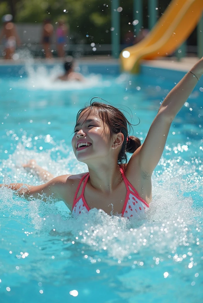 College Student Woman、same face as last time、She has a natural smile、School swimsuit。the pool would be a good background。pure、Please take a look at the facial expressions that express the fun and atmosphere of school.。.。Pay attention to bright colors and details.。Please keep your face the same as before..。