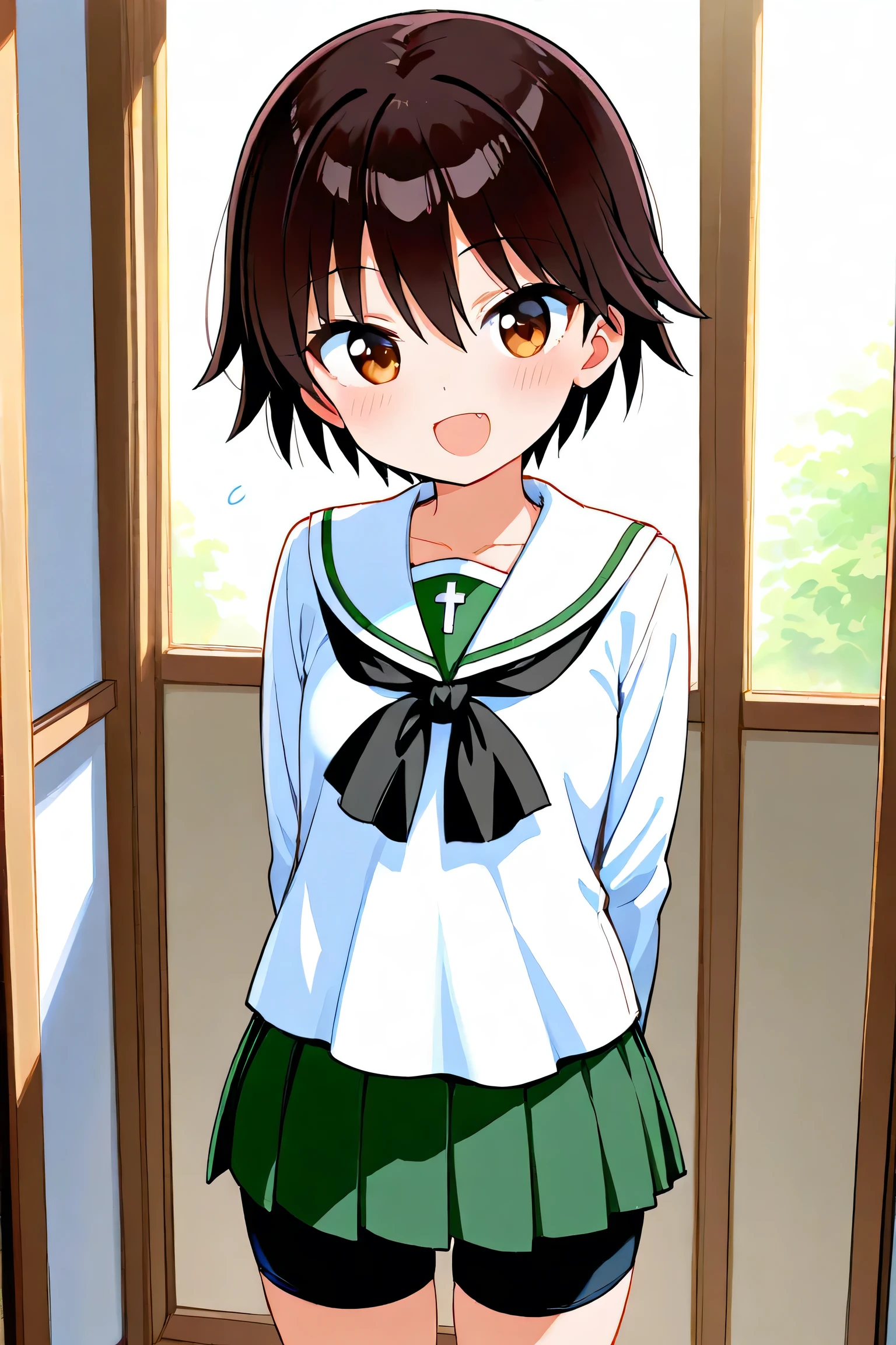 isobe noriko,ooarai school uniform,black tie,bike shorts,black shorts,shorts under skirt,cowboy shot, 