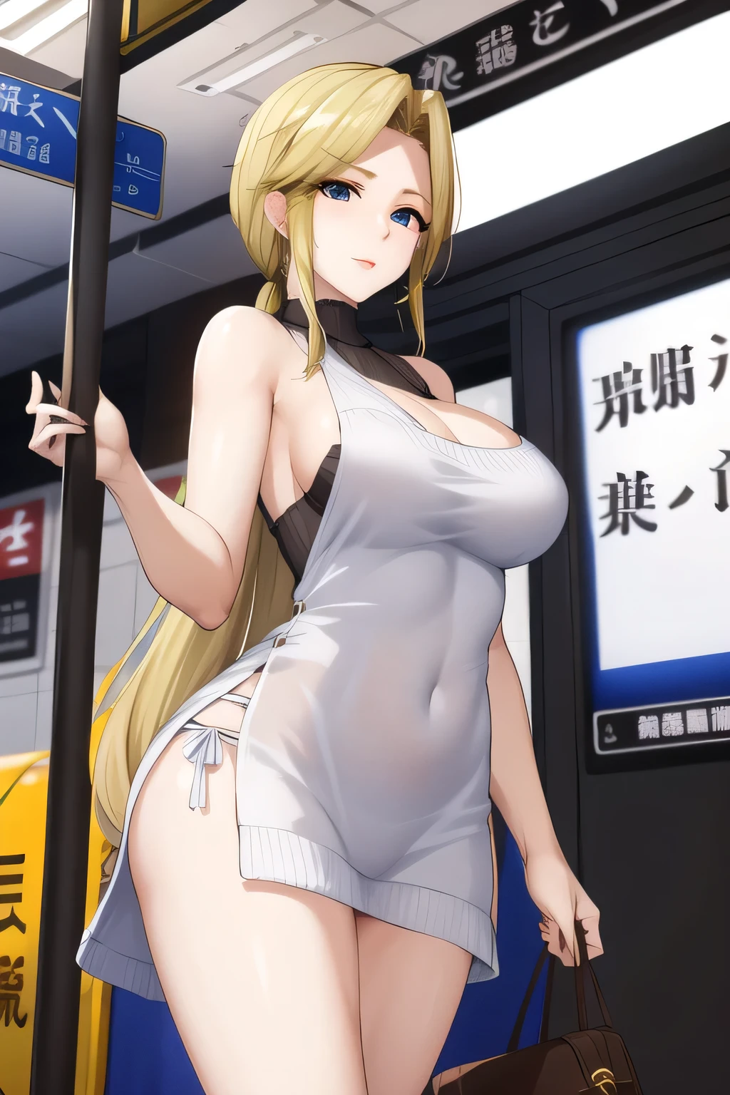 A refined and elegant woman，Blonde 、Can you draw a woman with her bangs raised，nice smile，Can you draw a woman staring at a train，Please draw a picture of a woman standing in front of a car and waiting，東京の地下鉄ホームでwaiting for the train女性は描けますか， ,congestion,waiting for the train，Fun，Underground railway stations ，The sign hanging on the wall，{{X}},Please describe her look in more detail，walking alone，             city tour             ,，（（（, I'm wearing casual tourist-style clothes）））， I have a SLR camera  ,（Let's draw a more delicate look），（sleeveless wool sweater），（ Pleated Legs，white panties），（That work is enough for one person {X} is very important for work）、 That's enough，frowning。unless the job requires it。 {X}、 ,    An attractive 40-year-old woman takes off her uniform、jump off,                             Big black wavy hair, ,   Big breasts, Thin Waist ， ,   ，Faces are very important，Anime CG,      please     