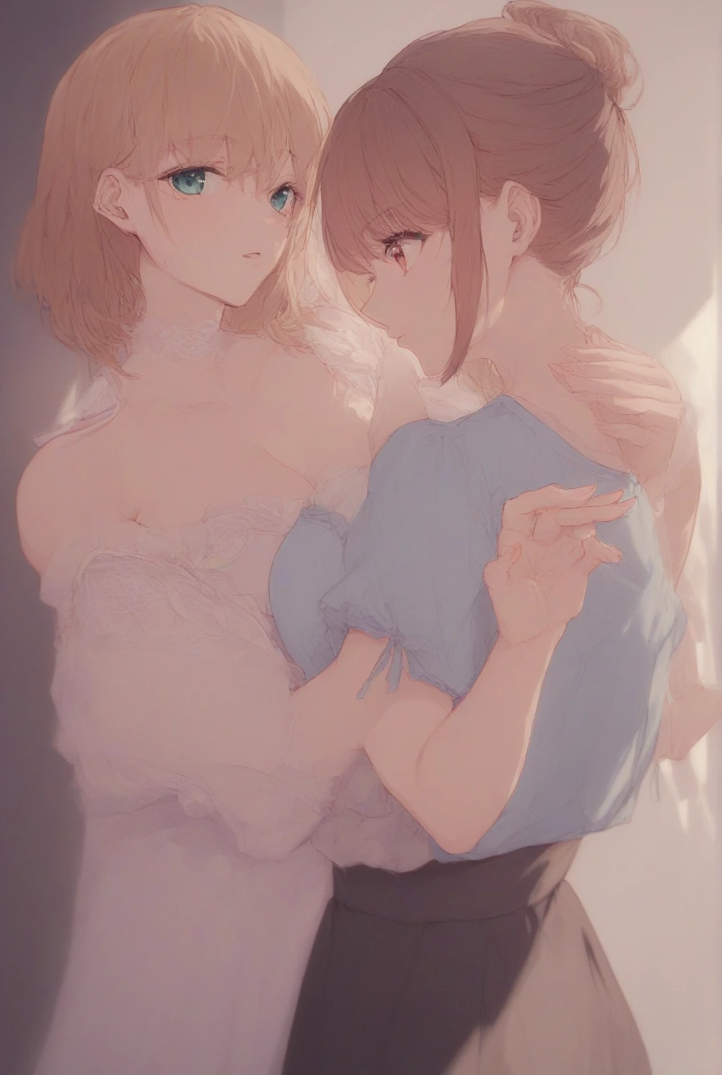 superflat, flat shading, flat colors,  30_year_old mother and 12_year_old daughter  , white lingerie, , standing in bedroom, shy, blush, holding hands, backlit, best shadows, watercolor,