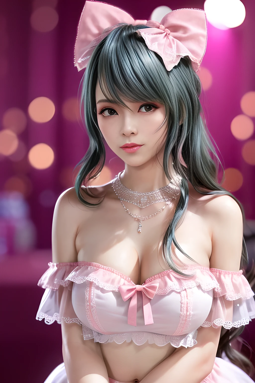 masterpiece, 1 Beautiful girl, Fine grain, highest quality, Ultra High resolution, (reality: 1.4), Cinema Lighting, Beautiful Skin, (Ultra-realistic), (High resolution), (8k), (Very detailed), ( Best illustrations), Pouting slightly, (Crystal colorful lights), Extremely refined and beautiful, beautiful detailed eyes, Round eyes, detailed facial features, (Round pupils:1.4), (alluring face), Smiling lips, (Medium breasts:1.3), A shallow smile, Open lips, (Beautiful and detailed face, Beautiful and delicate eyes), pink cheek, mascara, pink hair, short hair, (speak into the microphone:1.3), (full body:1.3), wearing a mini shirt and black mini skirt, game center, room, off shoulder,