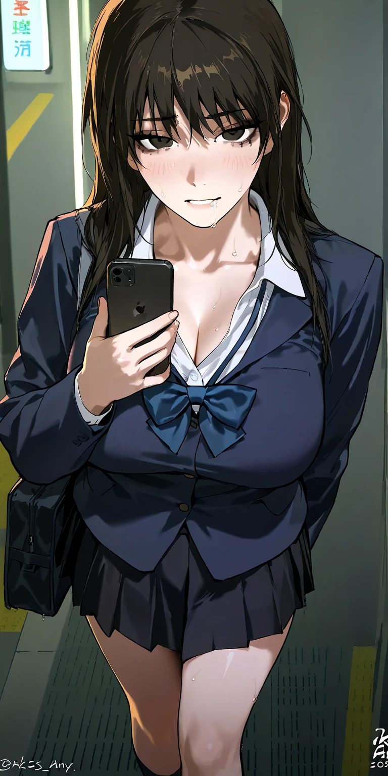 high school student、Women、School classroom、(Big Breasts)、smirk、curvy、(((((1 girl)))))、(from below)、With a cheek cane、Only 1 person