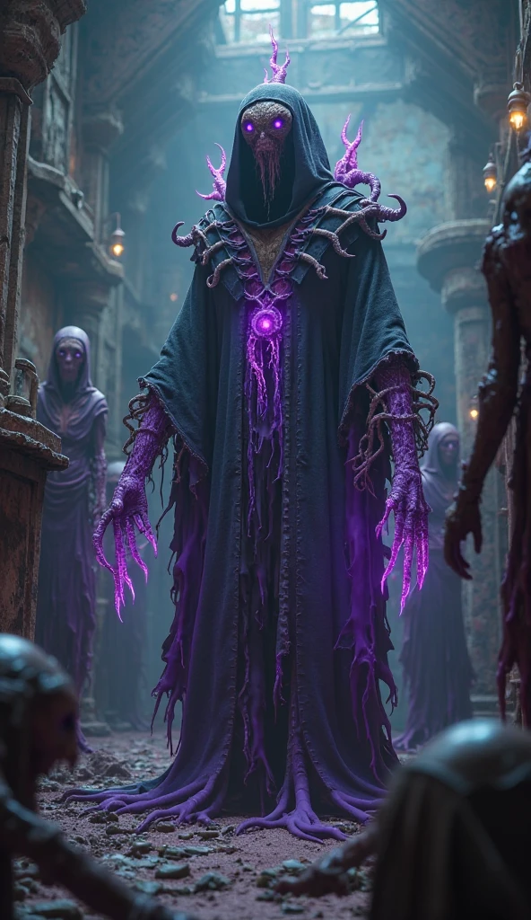 Mind flayer，Inspired by Dungeons & Dragons，Full body concept art illustration of Mind Flayer。The character has human-like proportions，tall、slim and muscular。The character has 4 tentacles extending from its chin，Light purple skin，Almost Blue。The character is dressed in exquisite、Luxurious white academic robes and ornate leather boots。Background is blank