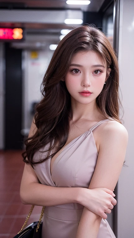 Gentle and beautiful woman, half body photo, delicate and sexy collarbone, charming oval face, double eyelids, smart peach blossom eyes, pink lips, small nose, bare shoulders, focused face, face close-up, ultra-high-definition, super Details, elegant standing, black British college style double-breasted casual loose Korean style small suit jacket, matched with black pleated skirt suit, ((top quality, 8k, masterpiece: 1.3)), 1 girl, (8k, RAW photo, best quality, masterpiece:1.2), (realistic, photo-realistic:1.37),