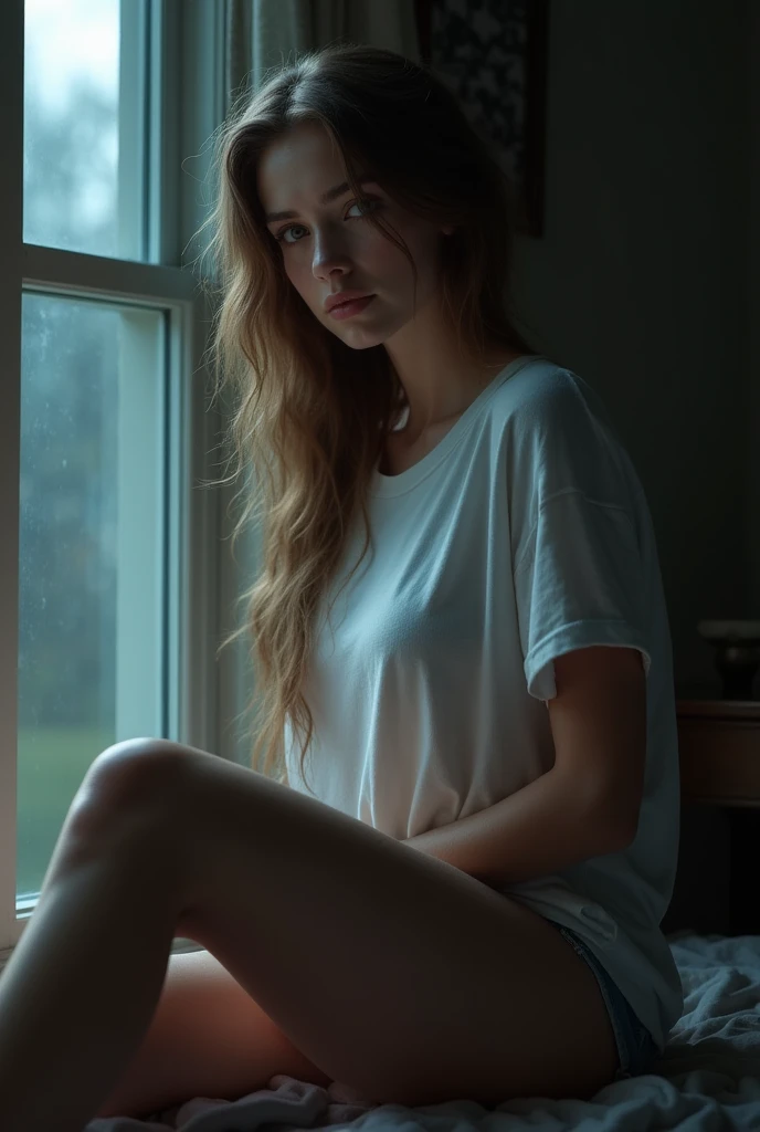 young dark blonde woman sitting on top of radiators, long hair
