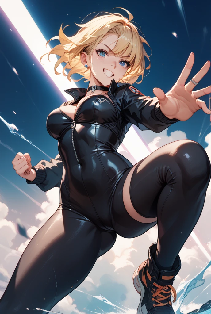 1girl, office lady, leotard, bare legs, boots, standing, spinning, solo focus, outstretched arms, closed eyes, full body shot, mature lady, blonde hair, bob hair